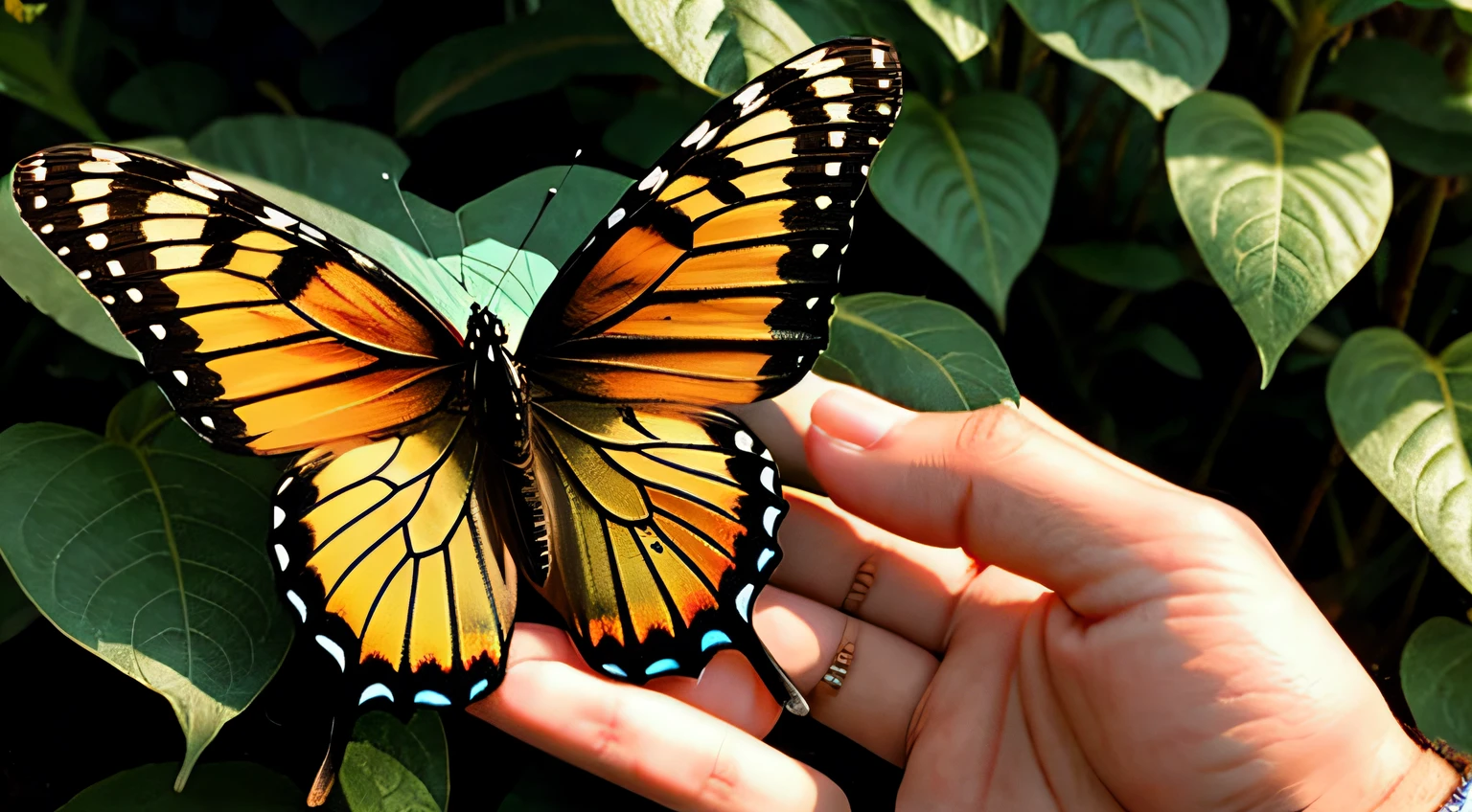 butterfly perched on man's finger