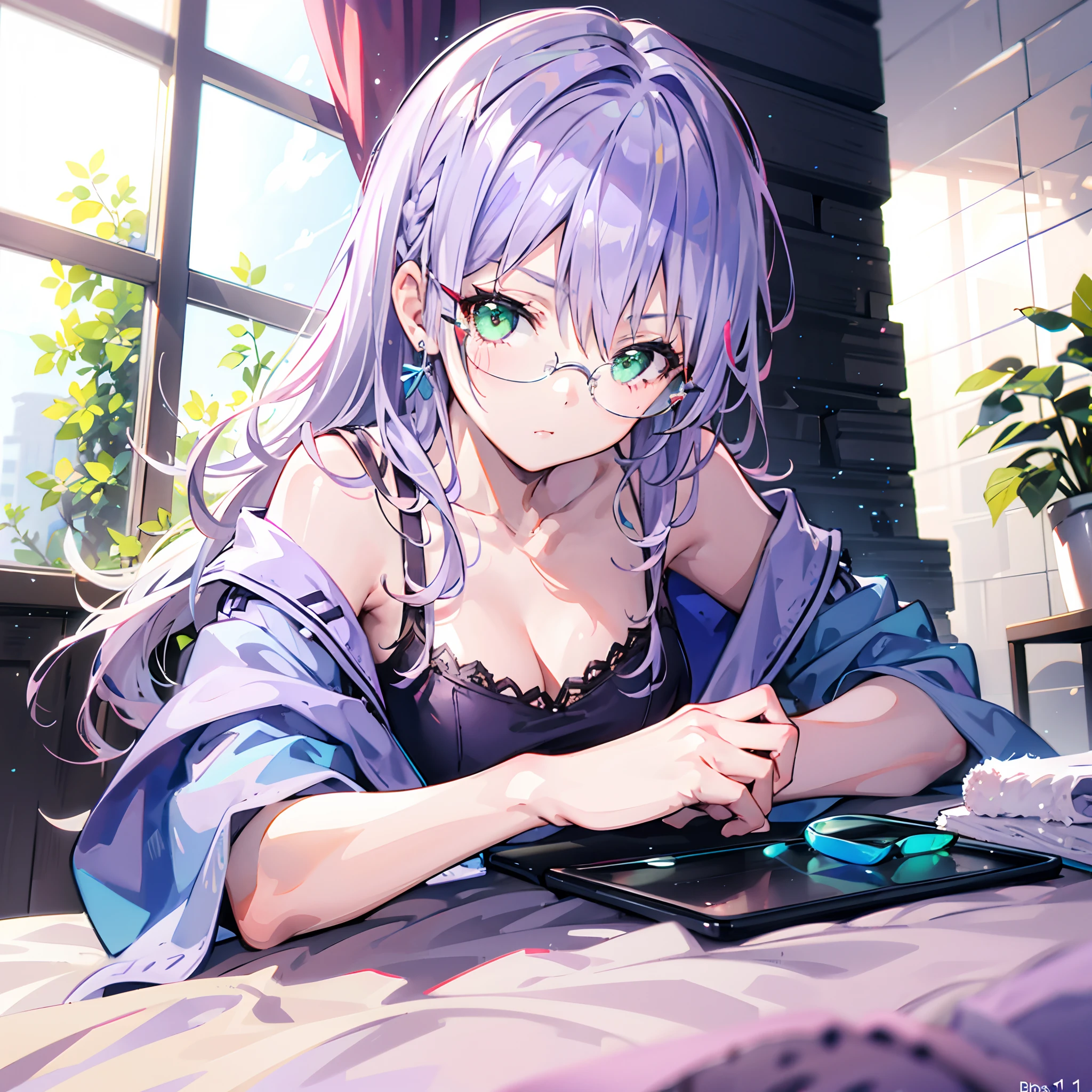 (1 girl: 1.1) ,((Light purple hair)), ((eye glass))Green eyes, lying on the bed, Bath towel