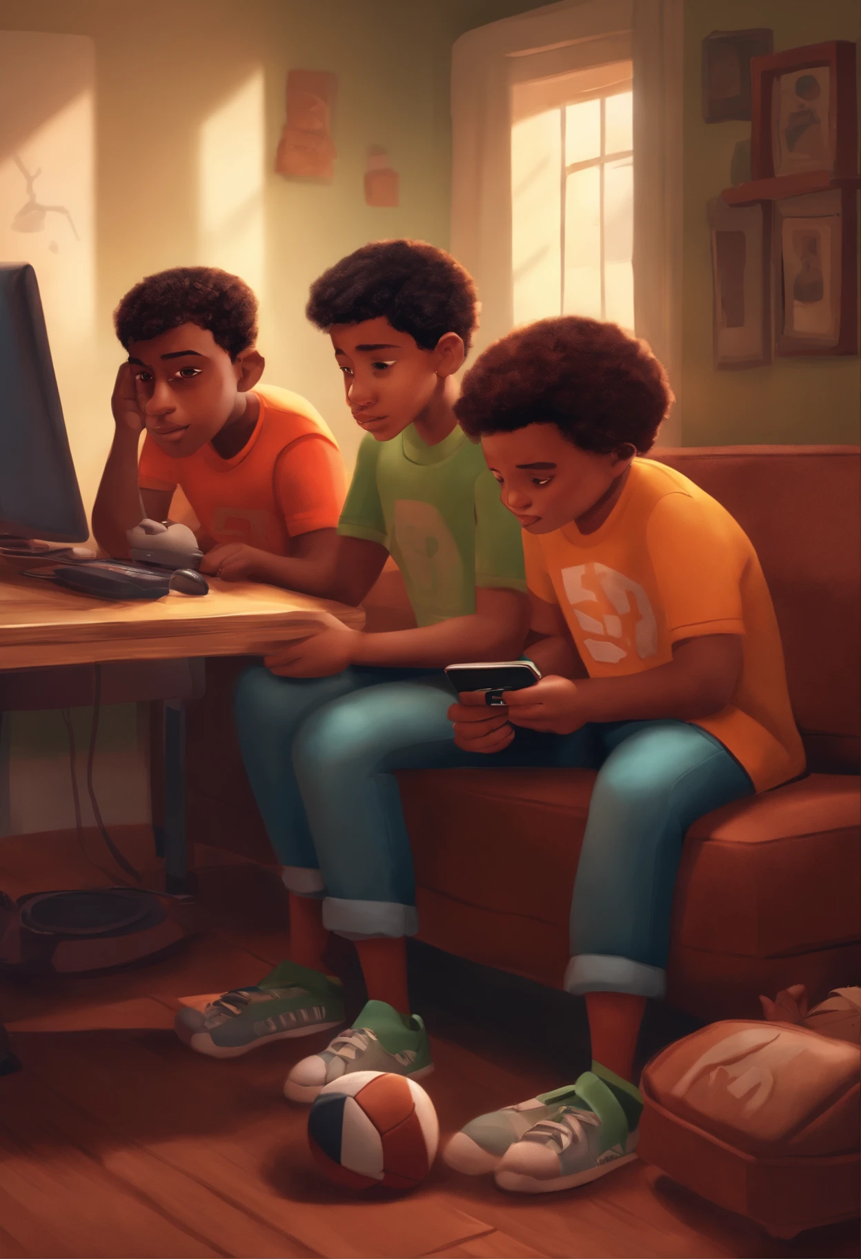 Image for a story in a YouTube video in Pixar format, 2 37-year-old siblings, barba curta, one holding his cell phone, the other sitting at the computer working on sports graphic design