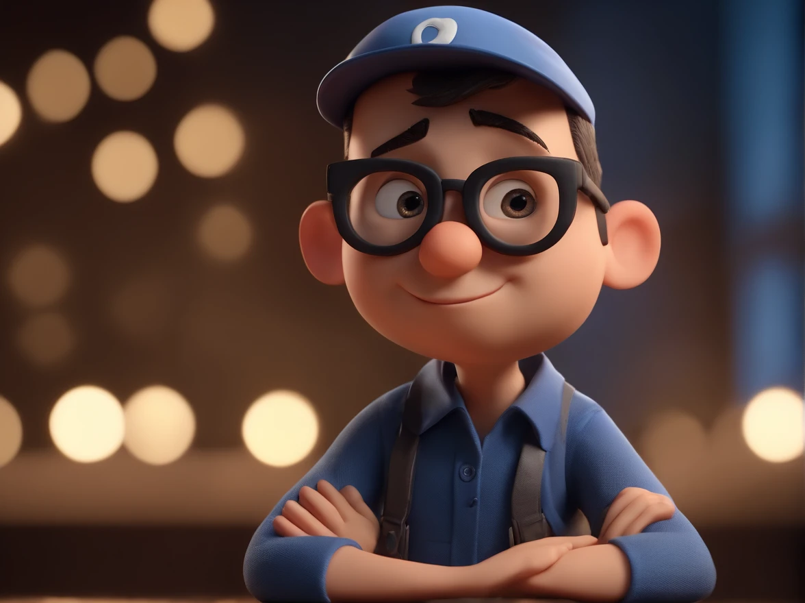 Cartoon character of a man wearing black glasses and a blue shirt, um personagem animado, Caractere estilizado, animation style rendering, 3D estilizado, Arnold Maya render, 3 d render stylized, toon render keyshot, Personagem 3D, Personagem 3D, 3d rendering stylized, 3 d character render, personagem de desenho animado, Personagem de close up, Pose de personagem, (Estilo Pixar) (master part:1.2) (Bokeh) (melhor qualidade) (pele detalhada) (textura detalhada) (8k) (argila) (Cinematic lighting) (foco nítido，Senta e vaza a parte superior do corpo. Operating Heavy Machinery.