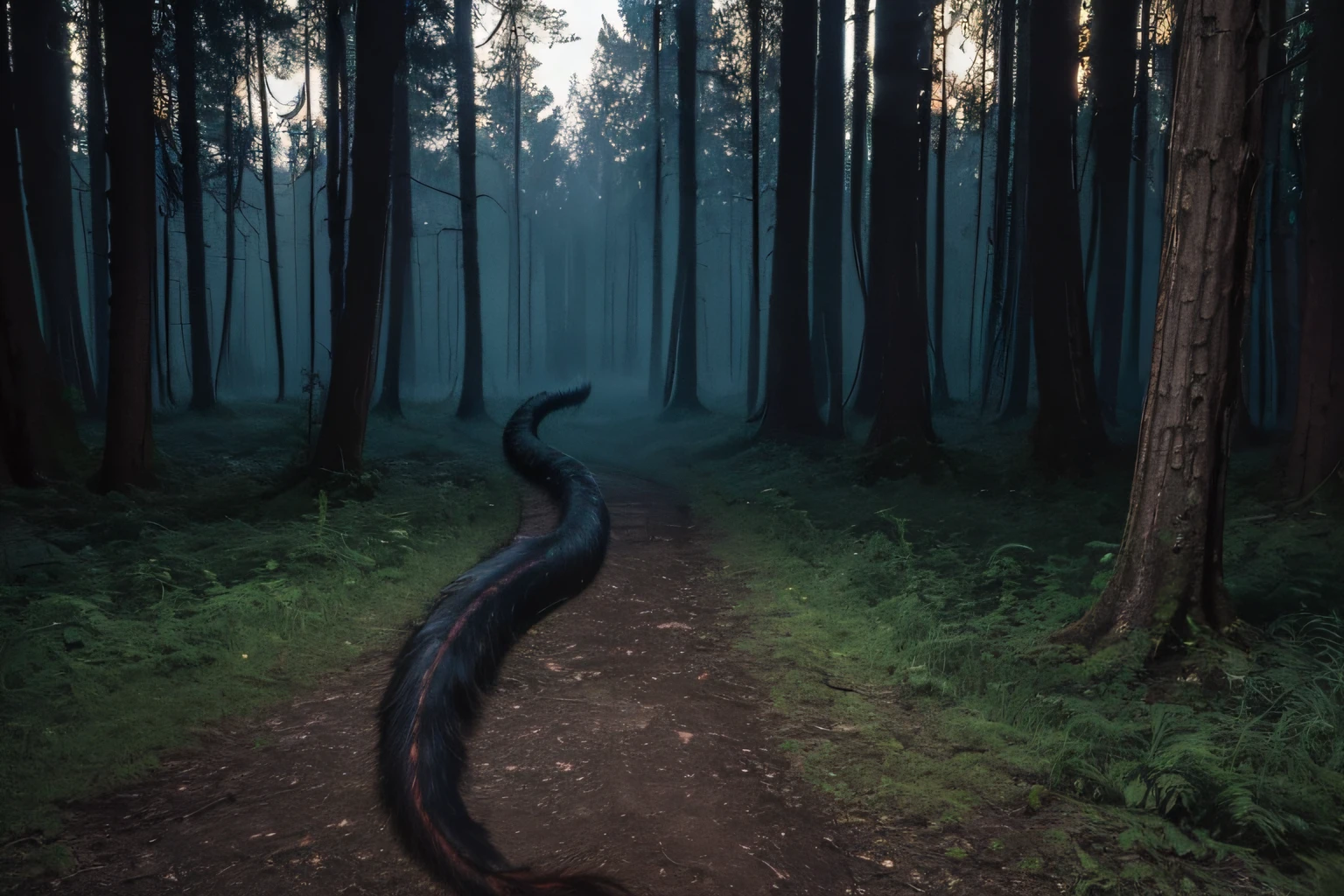 (masterpiece:1.4),best quality,ultra high res,(photo realistic:1.6),(horror:1.8),(tail:1.7),(the woods:1.6),mont,scared,Fear,eerie,dimly lit,dark,darkness,spooky,weird,ominous,ephemeral,gloomy,night,midnight,shadow,
