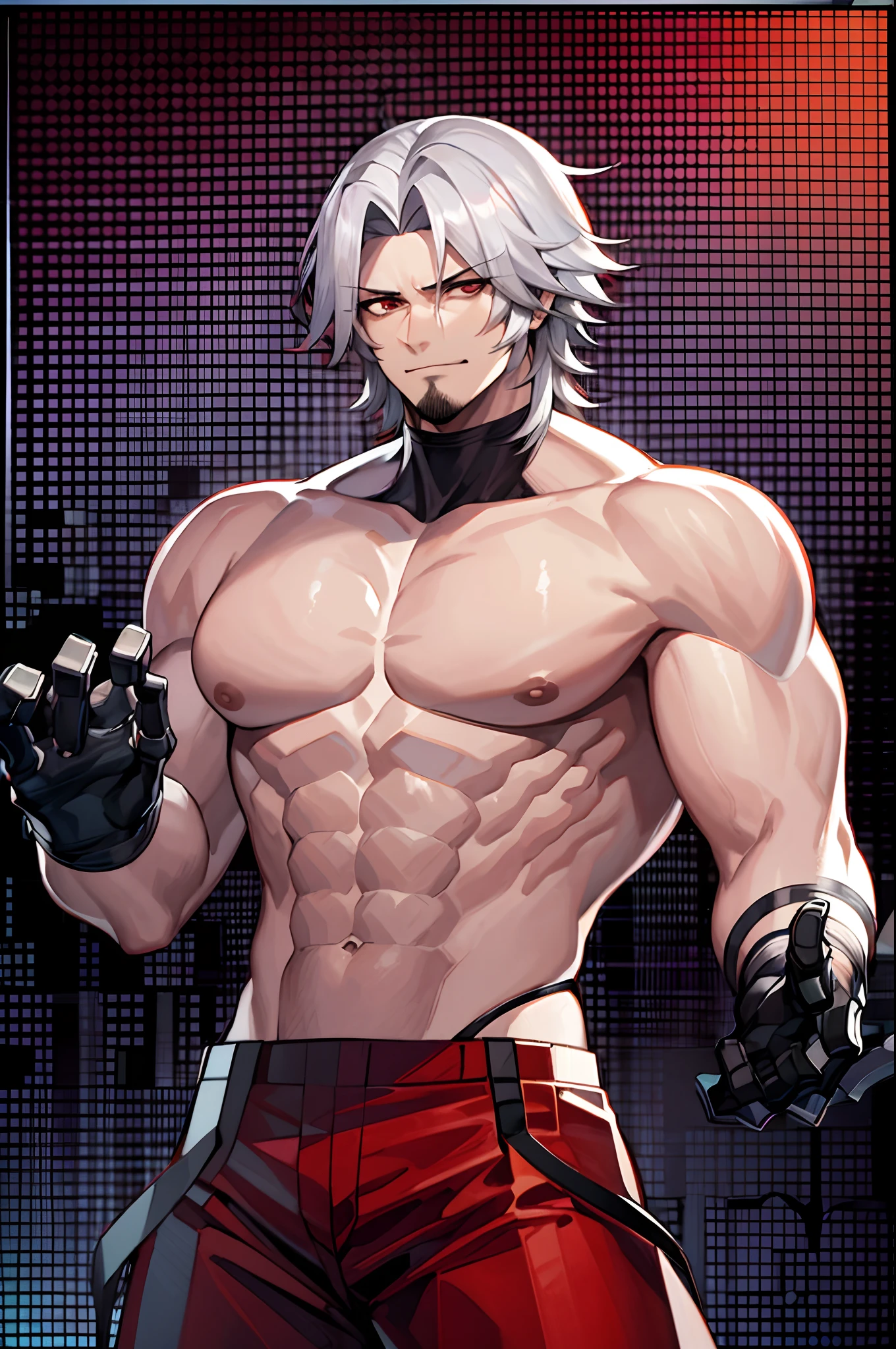 Jesse is tall He has white hair with red tips, and sharp grey eyes, they're so beautiful to look at. His hair is a bit wavy and he has a beautifully toned body. Muscular male. Jesse is seen wearing black sweat pants and wearing a baggy navy blue shirt. Red hair stripes