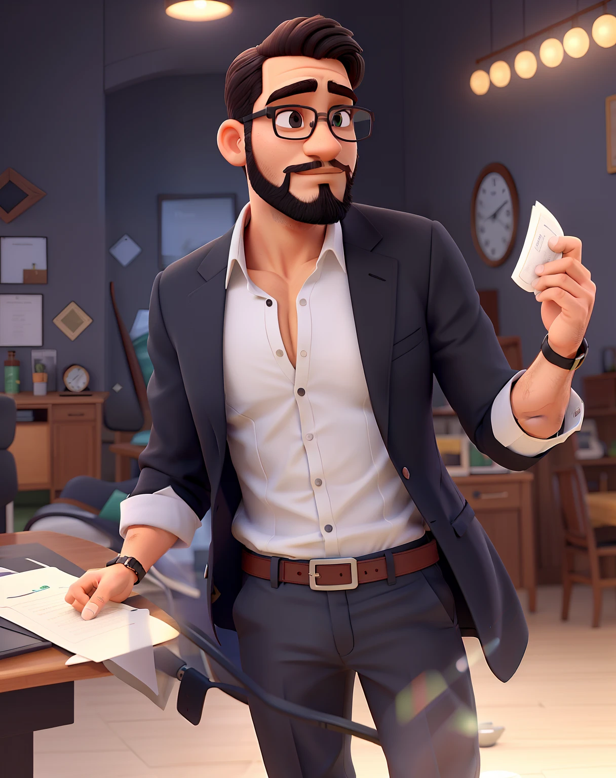 Homem, 29 anos, cabelo grisalho, eyeglass, barba falhada, rosto oval, blazer preto, black pant, camisa branca