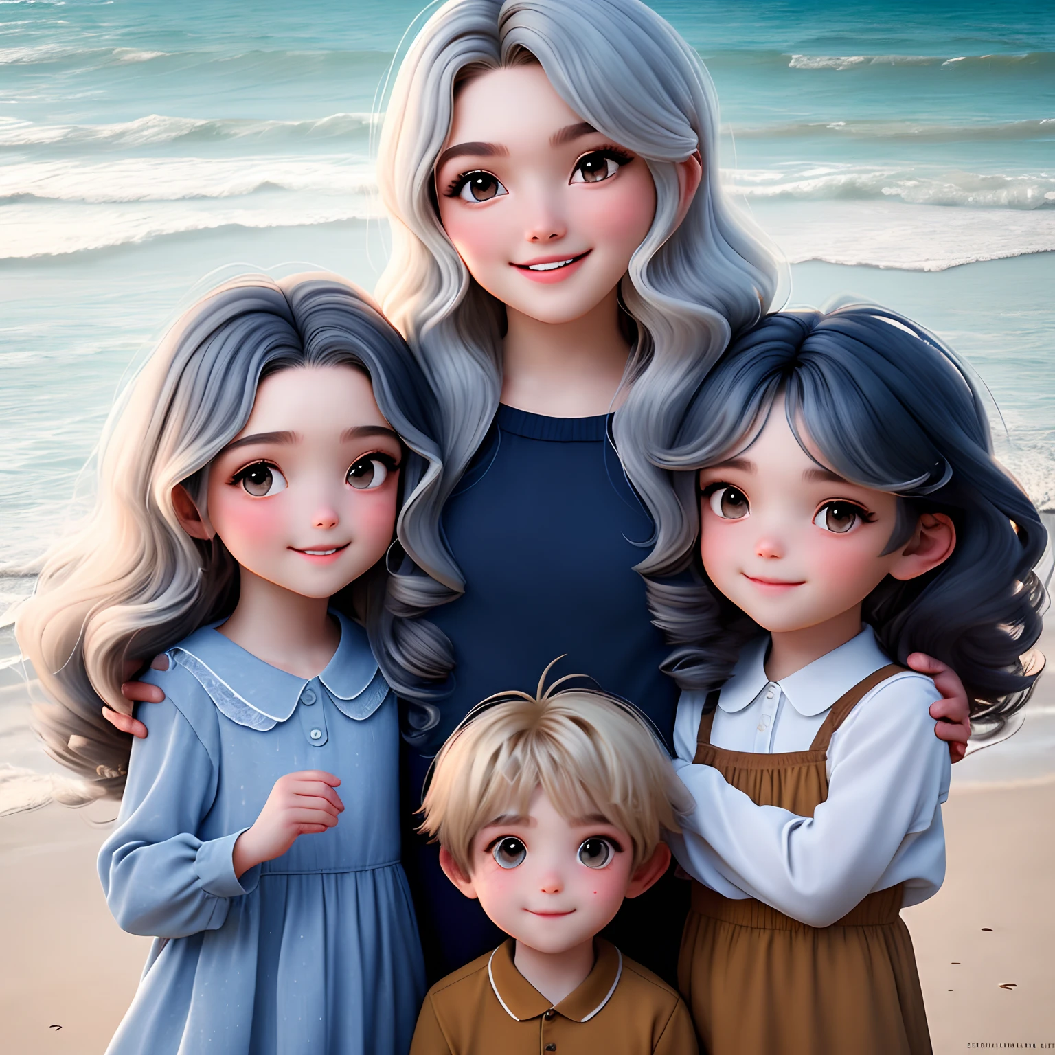 Family photo on a beach landscape. Homem com cabelos pretos, mulher loira , de 1 ano cabelos loiros, meninaanos cabelos loiros, menina de 8 abelos castanhos, menino de 8 anos c castanhos e menino de 10 anos cabeloos