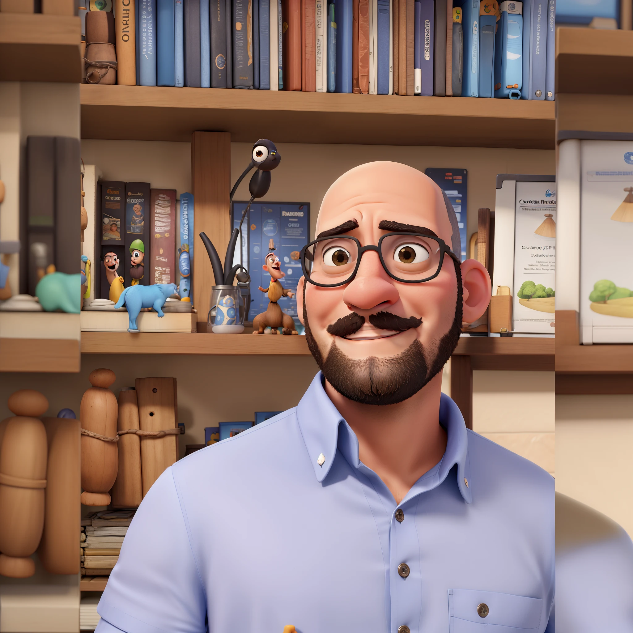 Imagem estilo Disney Pixar 3d. Menino, careca, barba curta, fazenda, torre de telefonia celular, tratores, camisa social branca.