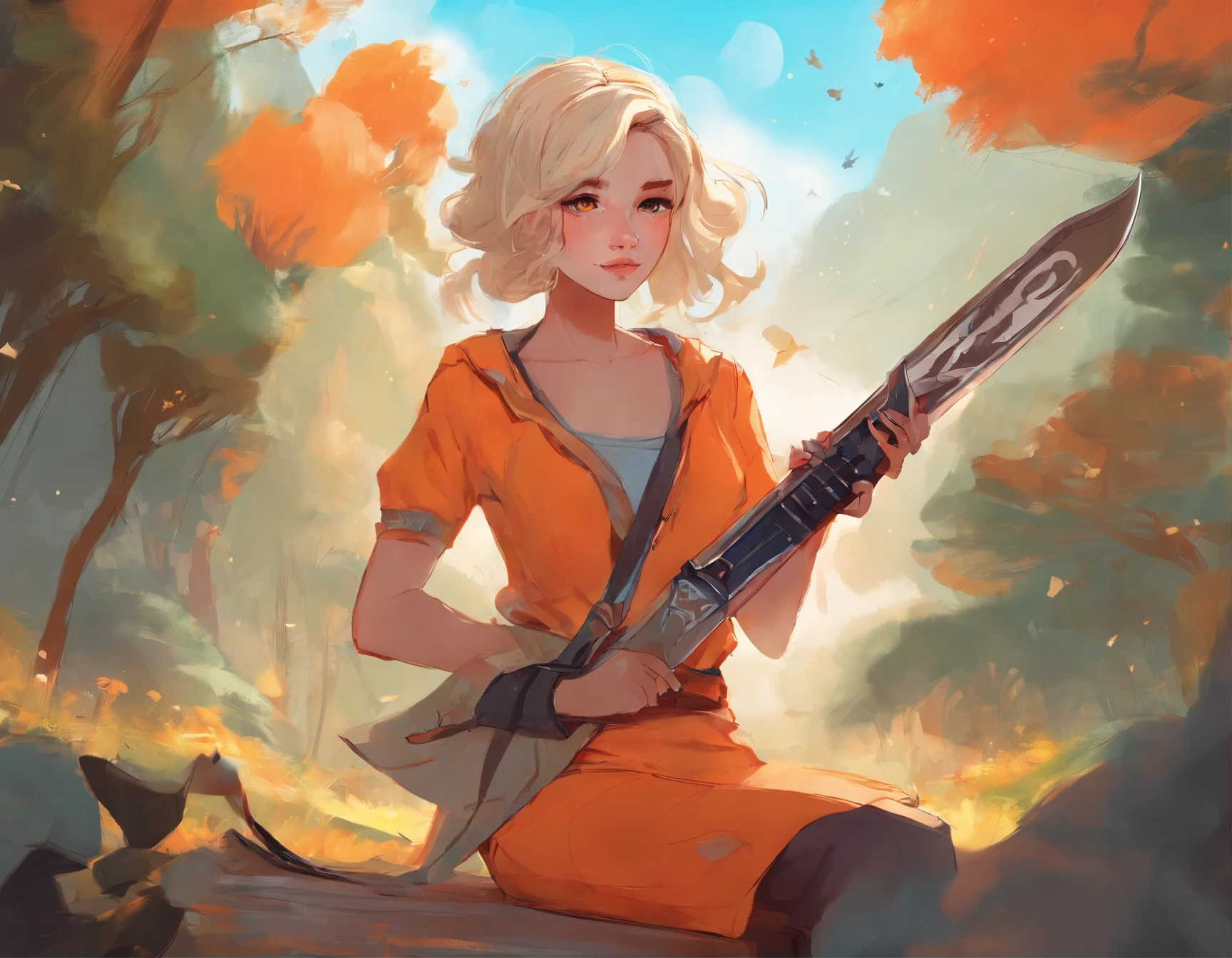 there is a gilr sitting on a chair , lofi artstyle, ahe is about 20 years old with orange shirt, blue shorts, artwork in the style of guweiz, inspired by Bian Shoumin, with short ponytail,blonde hair , smooth in _ the background, shot with sony alpha, daily life, instagram story, chillhop, smoothly, guweiz, Eye Stormy Grey, Hair Honey Blonde, short ponytail , holding a
  dagger , orange t shirt that says "Camp half-blood!"