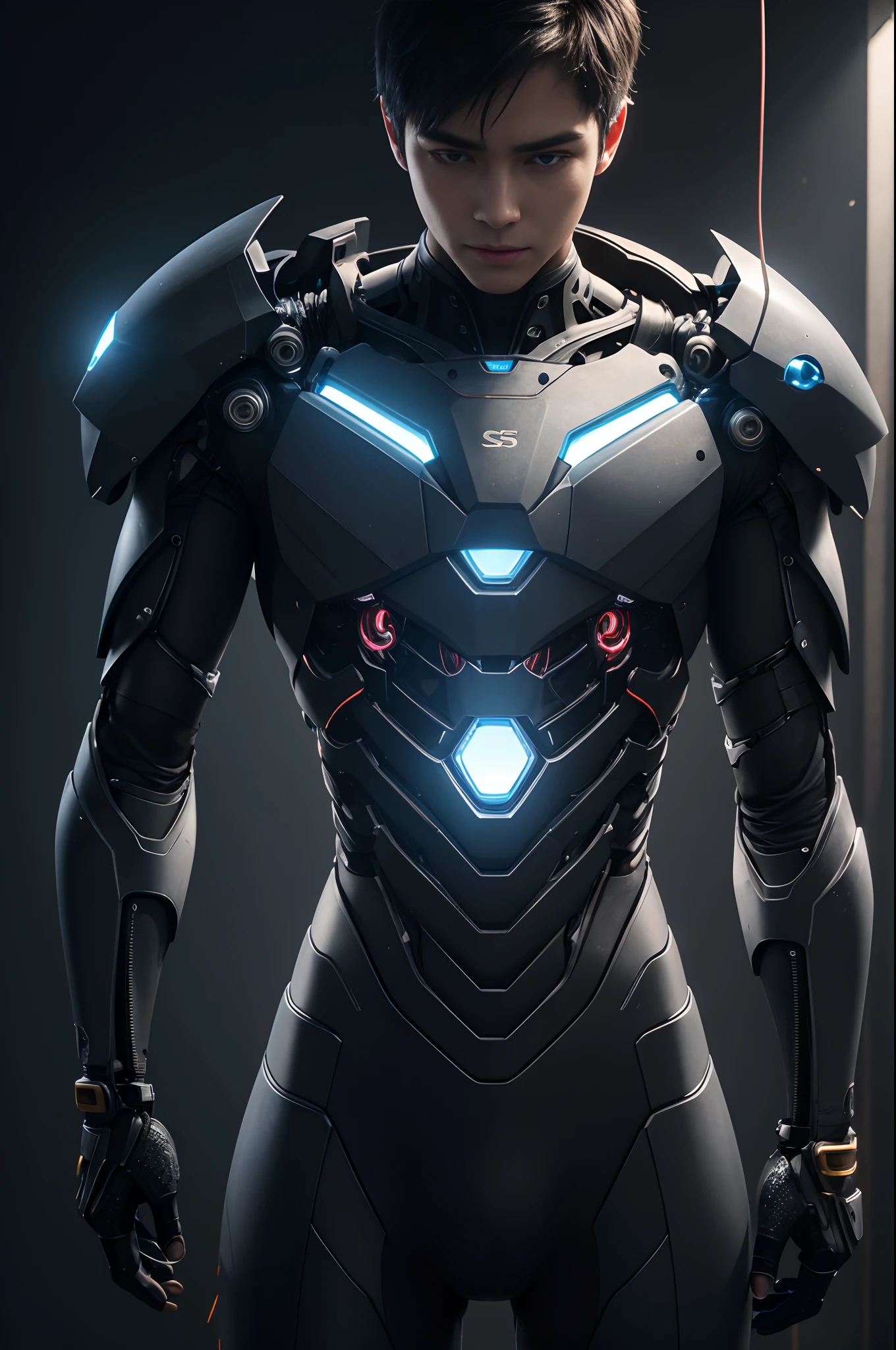 1 Suspended upper body without external armor,Mechanical Boy in the process of being built、((super realistic details))、A spherical stone shining blue on the left chest,portlate、globalillumination、Shadow、octan render、8K、ultrasharp、metal、Convolut、Ornament Details、Cold color、Egyptian Detail、highly intricate detail、Realistic light、Trends in CGS Society、radiant eyes、Camera orientation、Neon Detail、machanical limbs、Blood vessels connected to tubes、Mechanical vertebrae attached to the back、Mechanical cervical neck was attached、Sedentary position、Wires and cables connected to the head,Handsome with black hair short hair,Connected to many cables,appearance々No color to issue LEDs,android,Half of the body is a machine,Internal structure of the machine,Lots of wires and cables,