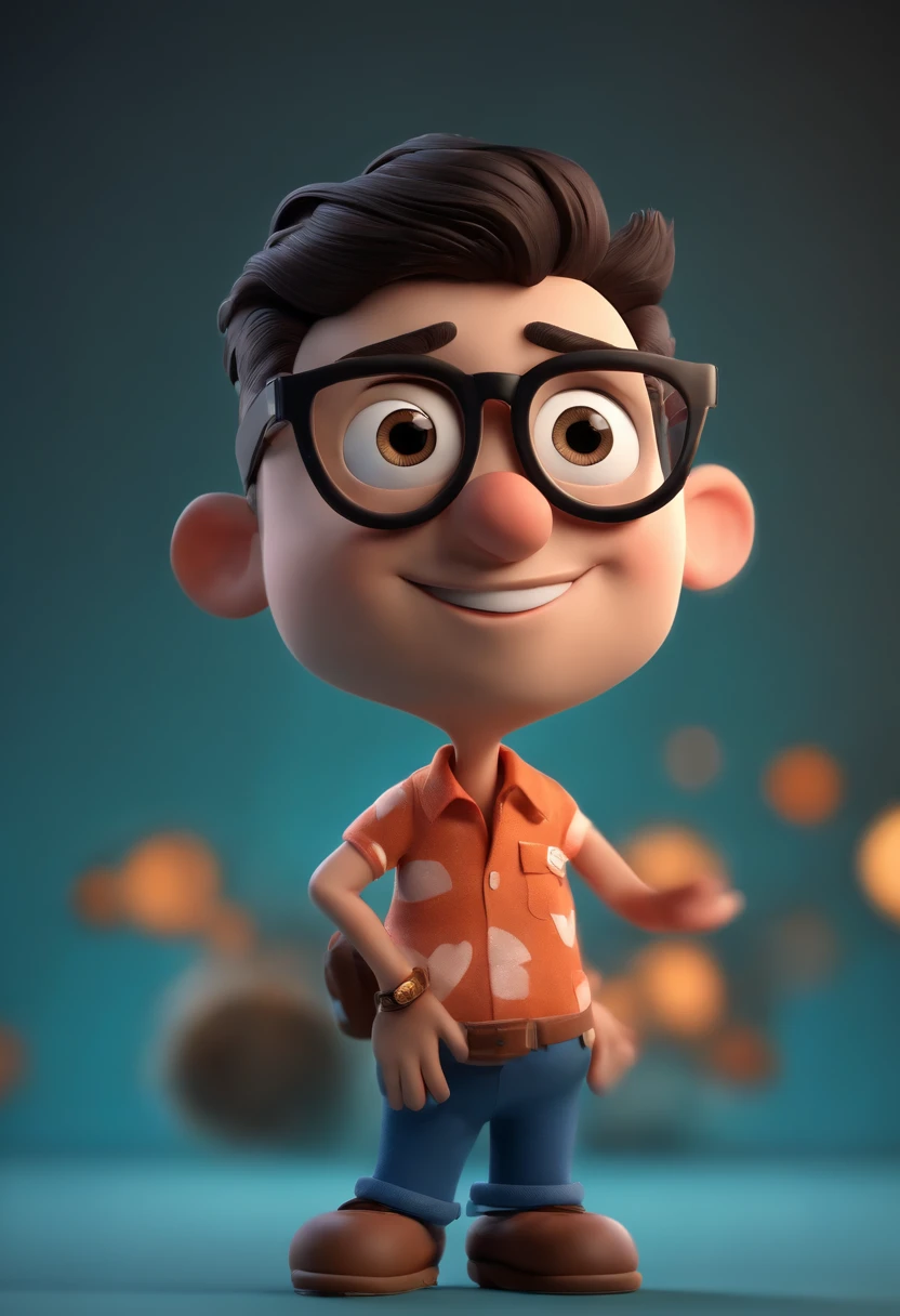 Cartoon character of a man wearing black glasses and a blue shirt, um personagem animado, Caractere estilizado, animation style rendering, 3D estilizado, Arnold Maya render, 3 d render stylized, toon render keyshot, Personagem 3D, Personagem 3D, 3d rendering stylized, 3 d character render, personagem de desenho animado, Personagem de close up, Pose de personagem, (Estilo Pixar) (master part:1.2) (Bokeh) (best quality) (pele detalhada) (textura detalhada) (8k) (argila) (Cinematic lighting) (foco nítido,Senta e vaza a parte superior do corpo