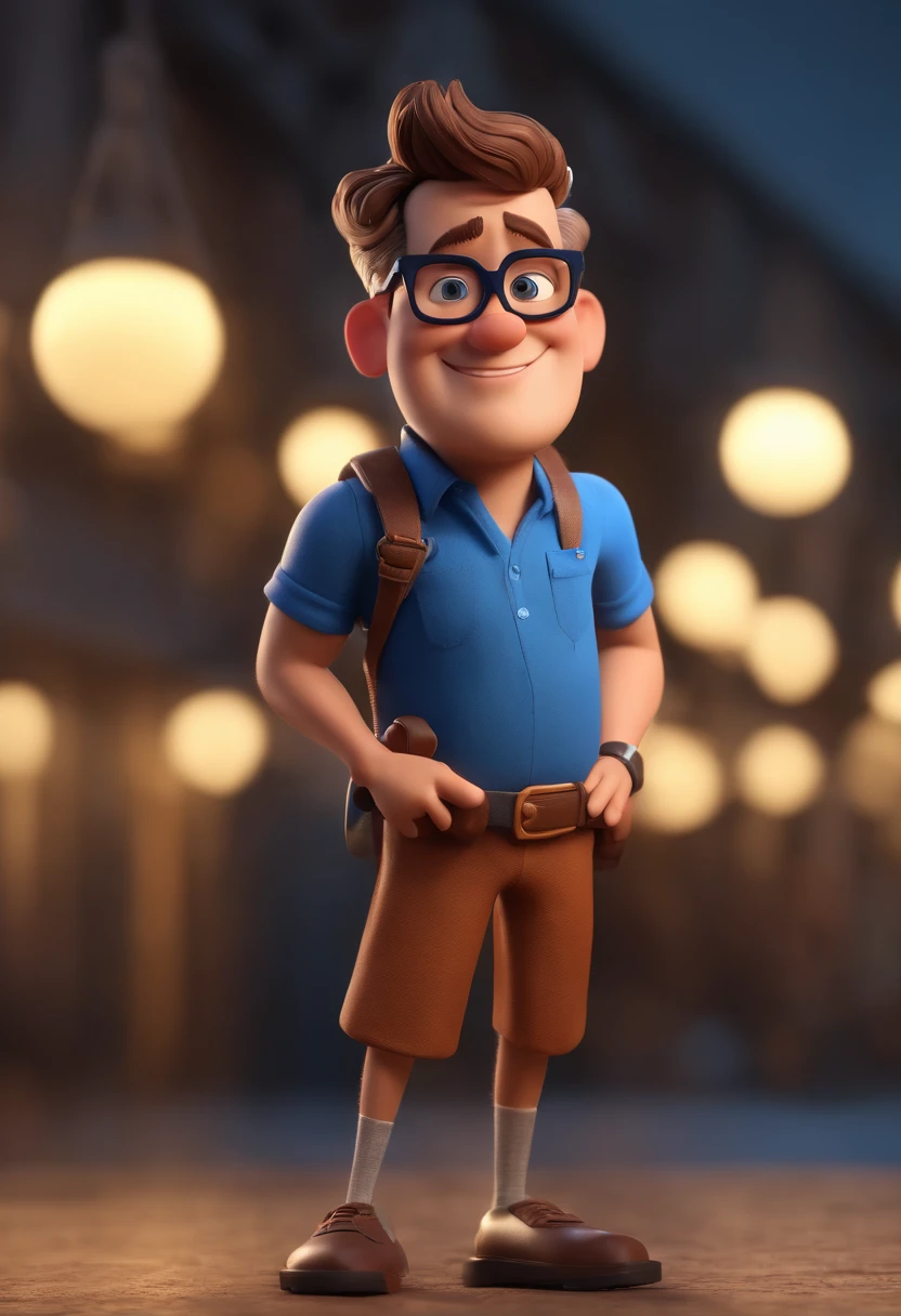 Cartoon character of a man wearing black glasses and a blue shirt, um personagem animado, Caractere estilizado, animation style rendering, 3D estilizado, Arnold Maya render, 3 d render stylized, toon render keyshot, Personagem 3D, Personagem 3D, 3d rendering stylized, 3 d character render, personagem de desenho animado, Personagem de close up, Pose de personagem, (Estilo Pixar) (master part:1.2) (Bokeh) (best quality) (pele detalhada) (textura detalhada) (8k) (argila) (Cinematic lighting) (foco nítido,Senta e vaza a parte superior do corpo