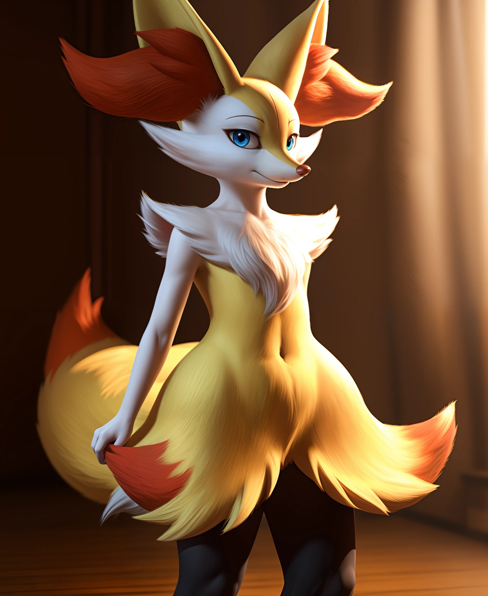 real e621, photorealistic, masterpiece, Braixen_(pokemon), looking at viewer, sharp blue eyes, full body portrait,