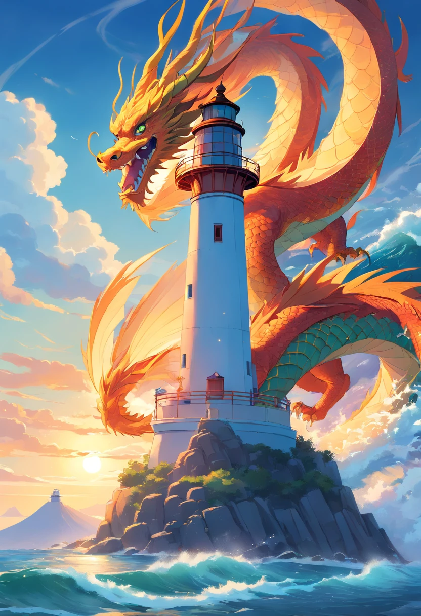 chinesedragon,the ocean，God girl，lighthouse， art nouveau illustration, Detailed sky, chinapunk, Explanatory narrative,Graphic painting, Temple, Visual poetry
