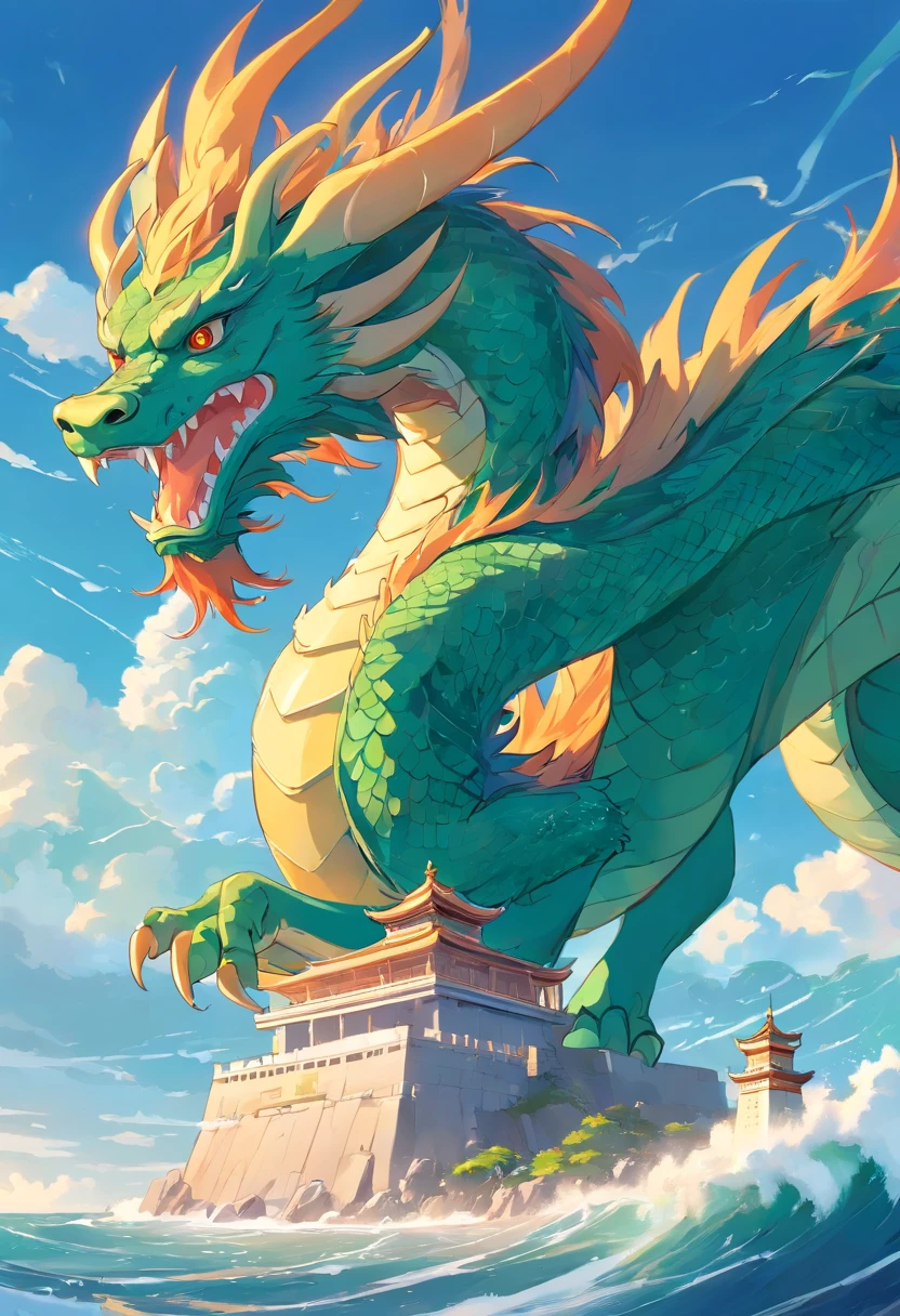 chinesedragon,the ocean，God girl，lighthouse， art nouveau illustration, Detailed sky, chinapunk, Explanatory narrative,Graphic painting, Temple, Visual poetry