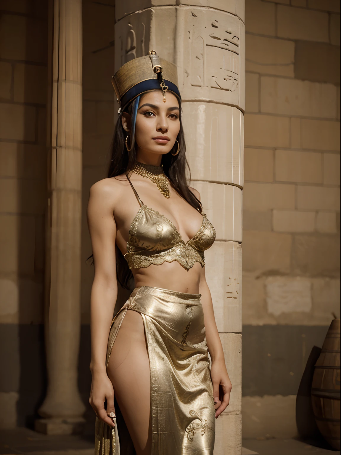 Beautiful and elegant Queen Nefertiti standing all over her body, Hintergrundder Pyramiden, Happy Prouder, tapferer Gesichtsausdruck, Egypt Face, Naher Osten, Filigree accessory details with ancient Egyptian inscriptions, Mode-Volleinstellung, keine Ernte, Filmische Szene