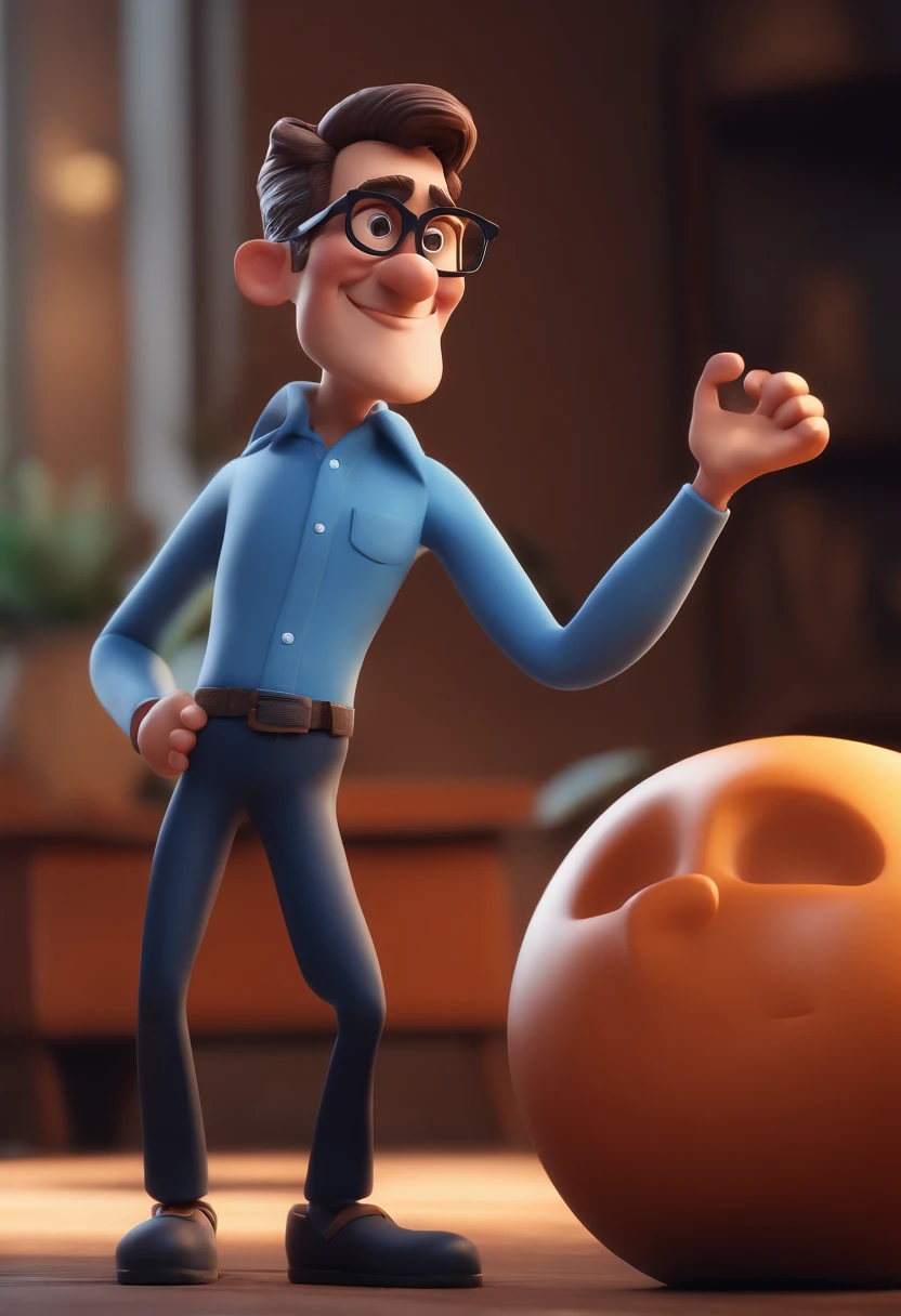 Cartoon character of a man with black glasses and a blue shirt, animation character, Caractere estilizado, animation style rendering, 3D estilizado, Arnold Maya render, 3 d render stylized, toon render keyshot, Personagem 3D, Personagem 3D, 3d rendering stylized, 3 d character render, personagem de desenho animado, Personagem de close up, Pose de personagem,  (Estilo Pixar) (master part:1.2) (Bokeh) (best quality) (pele detalhada) (textura detalhada) (8k) (argila) (Cinematic lighting) (foco nítido