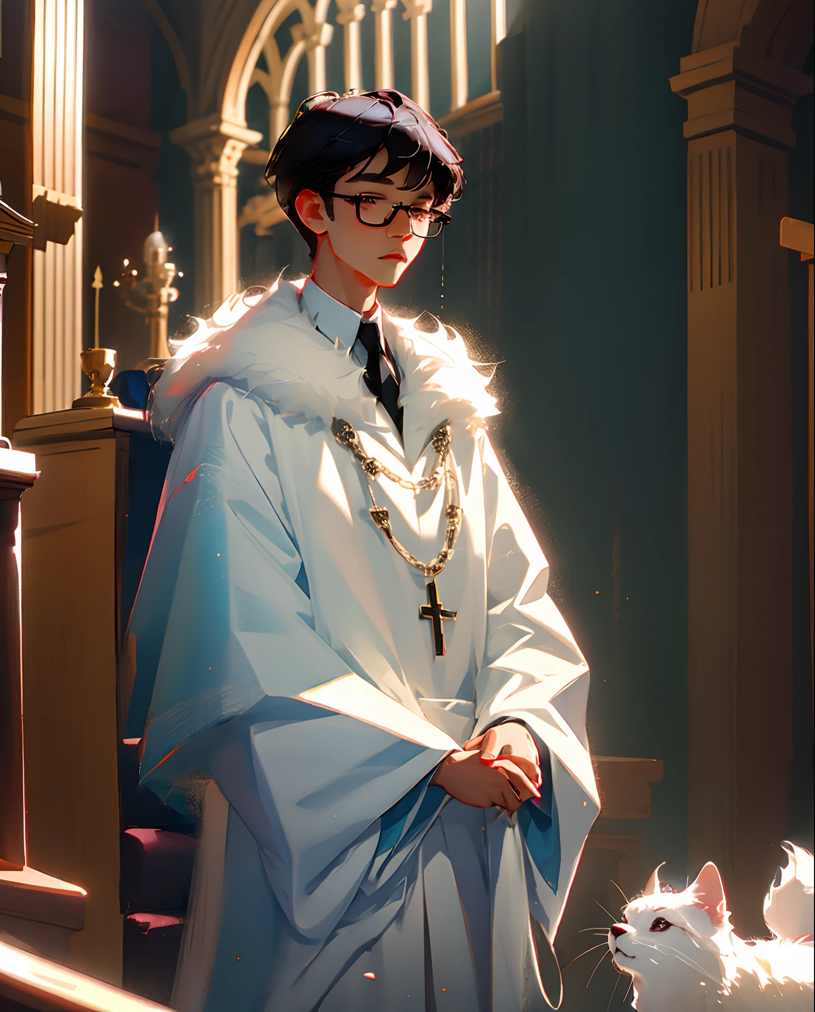 Boy Wearing White Fur Glasses Medium Black Hair Endowed Altar Boy Dress