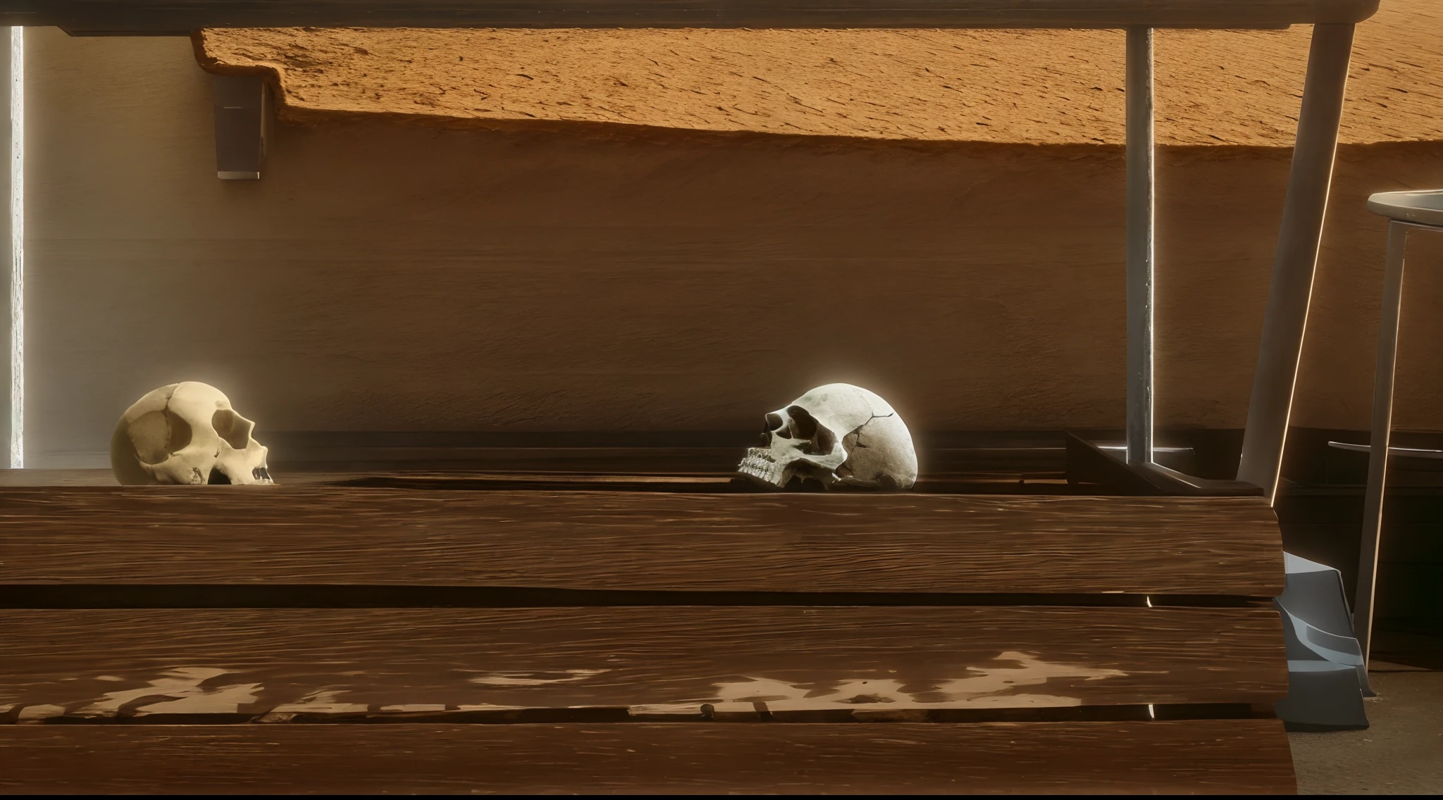 there are two bears that are sitting on a bench, there is a skull over a table, videogame still, anomalisa, standing in a cantina, still from animated horror movie, screenshot from the game, inspired by Goro Fujita, liminal highly detailed, shaded, rendered art, !!posing_as_last_supper, detailed textures and lighting