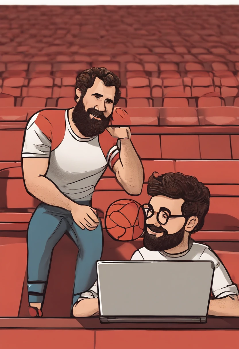 Disney's Pixar-style image of two 37-year-old brothers working in sports digital marketing. One has shorter hair and holds his cell phone in a position to show the audience, the other is sitting at the computer smiling, tem cabelo bem penteado. They both have short beards