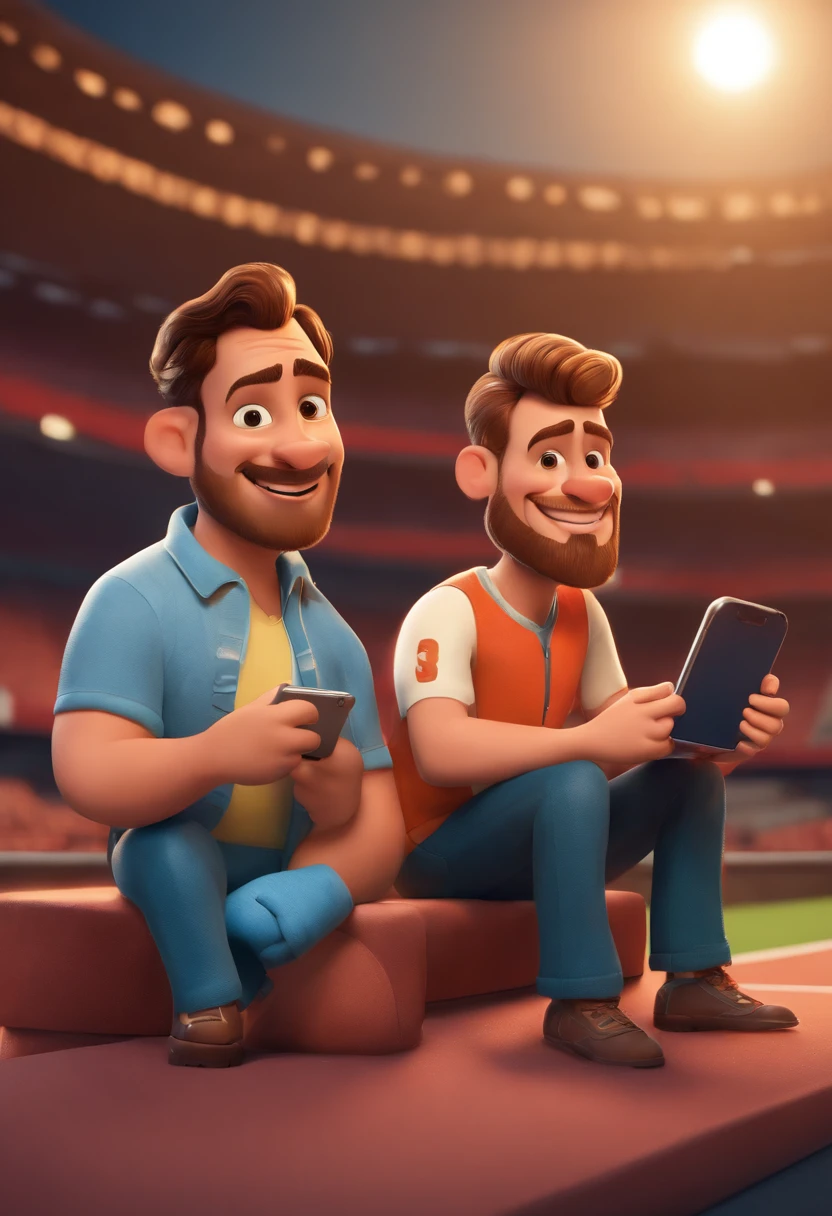 Disney's Pixar-style image of two 37-year-old brothers working in sports digital marketing. One has shorter hair and holds his cell phone in a position to show the audience, the other is sitting at the computer smiling, tem cabelo bem penteado. They both have short beards