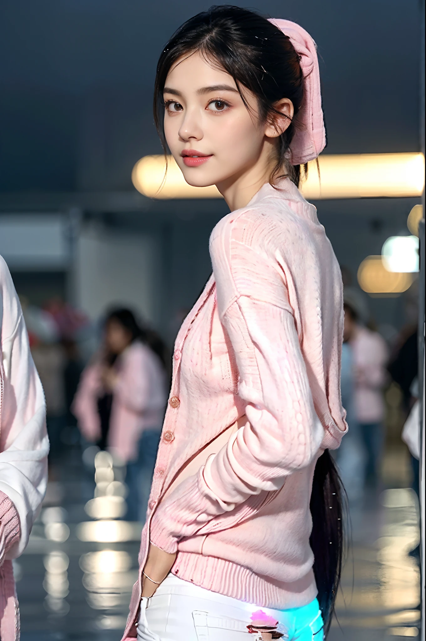 (shoulder length straight short black hair:1.2),((((8k))),(Extremely meticulous CG) ,(wallpaper),16k,(Extremely refined and beautiful），（Masterpiece），（best qualtiy：1.0），（Ultra High Resolution：1.0），beautiful light up，Perfect lightning，realistic shaded，[A high resolution],(Smooth and flawless fair skin:1.5),Extremely exquisite facial details,(perfect body：1.1),ultra - detailed,A beautiful girl,small head,(very short ponytail:1.2),(Small breasts:1.1),Flat chests，slim，thin，Smile，cheerfulness,(Pink sweater cardigan:1.5),(white shirt:1.4),(denim pants:1.3),(white sneakers:1.2),slender legs,(nightfall:1.5),Sunset light,(Surrounded by a crowded crowd:1.5),At the school gate,(upper body:1.1),from back,(rainy weather:1.1),standing