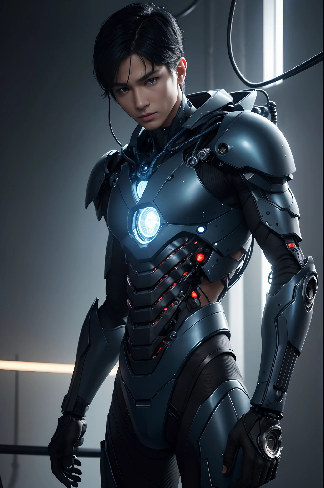 1 Suspended upper body without external armor,Mechanical Boy in the process of being built、((super realistic details))、A spherical stone shining blue on the left chest,portlate、globalillumination、Shadow、octan render、8K、ultrasharp、metal、Convolut、Ornament Details、Cold color、Egyptian Detail、highly intricate detail、Realistic light、Trends in CGS Society、radiant eyes、Camera orientation、Neon Detail、machanical limbs、Blood vessels connected to tubes、Mechanical vertebrae attached to the back、Mechanical cervical neck was attached、Sedentary position、Wires and cables connected to the head,Handsome with black hair short hair,Connected to many cables,appearance々No color to issue LEDs,android,Half of the body is a machine,Internal structure of the machine,Lots of wires and cables,Unfinished products,