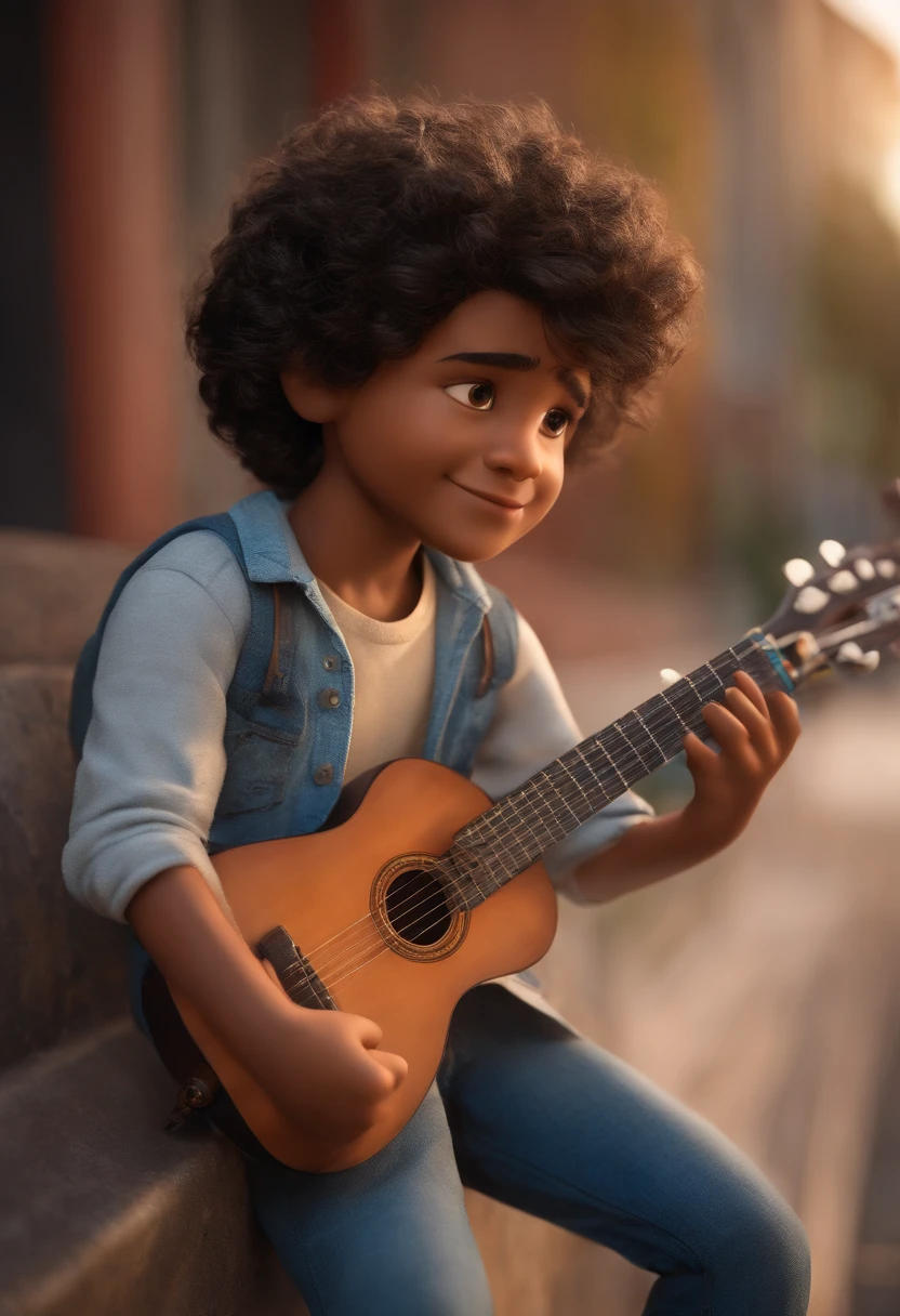 crie um banner no estilo Pixar. A boy with Indian features, moreno pardo com cabelos curtos, Castanhos escuros, Curly and slightly grayish appearance, mas jovem, usando uma camiseta, Wearing jeans and holding a classical guitar with 7 strings.
