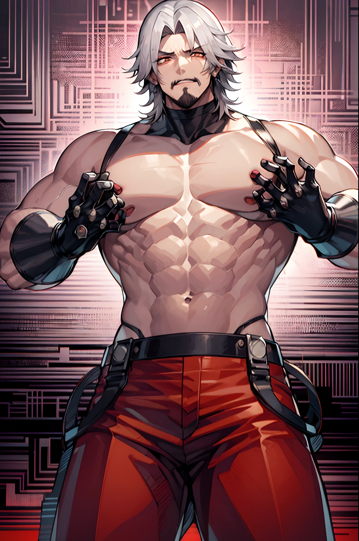 qualidade obra prima, 4k, Ultra Detalhe,Rugal95,Man,luvas pretas,luvas sem dedos,Abs,Electronic Hand,adulto,red pants,sozinho,Foco Masculino,pessoa,rosto,Head,musculoso,musculoso masculino,Peitorais,cabelos brancos,macho,Veias,dente,Pants,topless masculino,abdominais cobertos,hand,Heterocromia,olho brilhante,olho branco,olhos vermelhos,esclera vermelha,esclera branca,roupas tensas,biceped,peitorais grandes,cabelo espetado,short hair,fundo simples,camisa,Camisa Tensa,bareshoulders,manly, Brincos, homem velho, 55 anos de idade, bigode fino