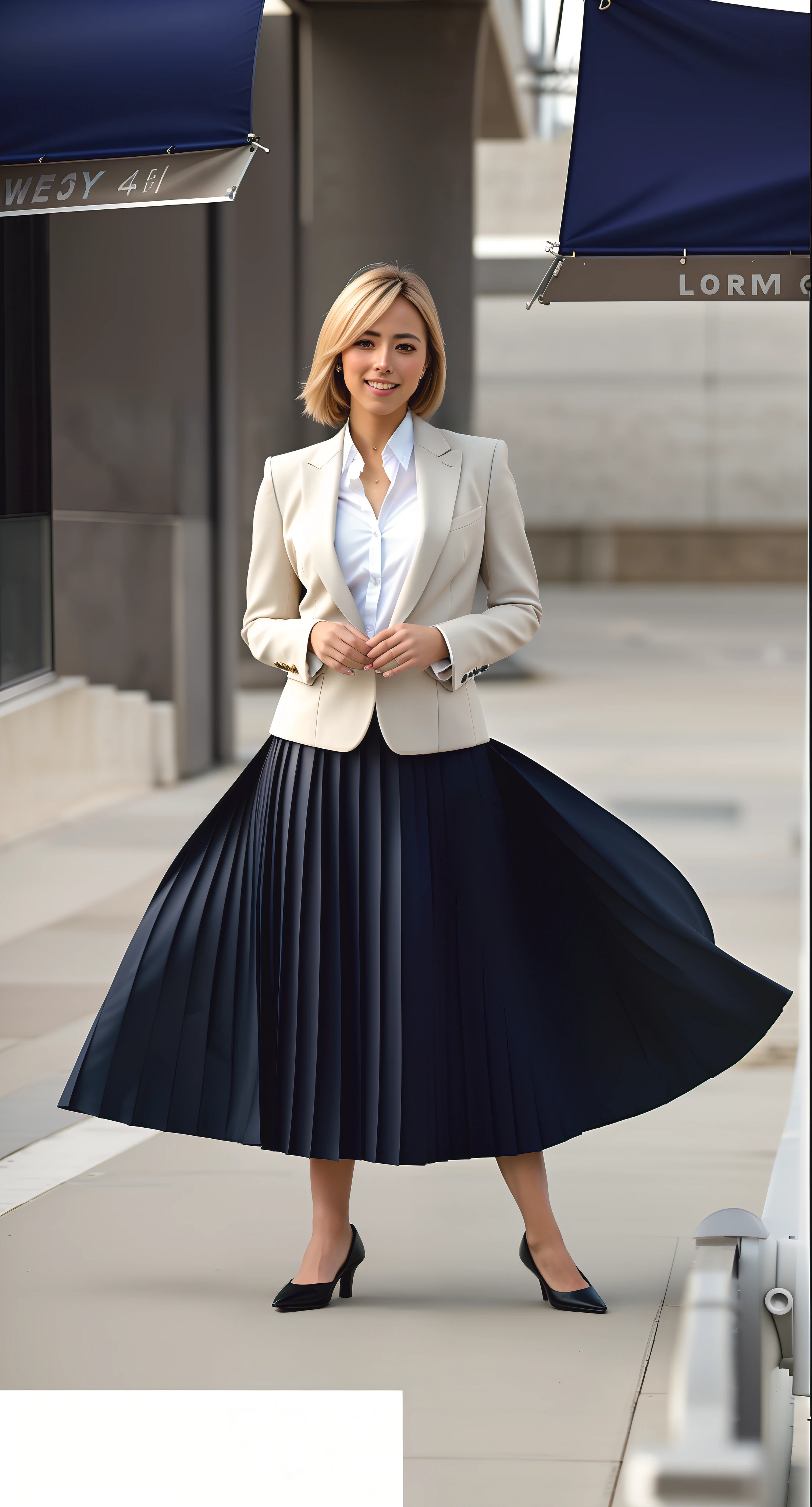 (shy:1,2) (smiling;1,1) woman playing with skirt, dancing, wearing short blazer and very very detailed (long (fully pleated) full circle skirt) and (simple) low heeled office shoes, very very intricate hyper-detailed symmetric (attractive graceful young feminine face) with (sad, tired eyes and a shy smile), large breasts, full of empathy and compassion and love, (pronounced (feminine) features), (highly detailed ultra accurate realistic) hands and fingers, (windy conditions and wind blowing), epic composition, highly detailed attributes, highly detailed space station background, (35mm f1.4 Kodak portra 400 photograph), extremely high quality RAW photograph,