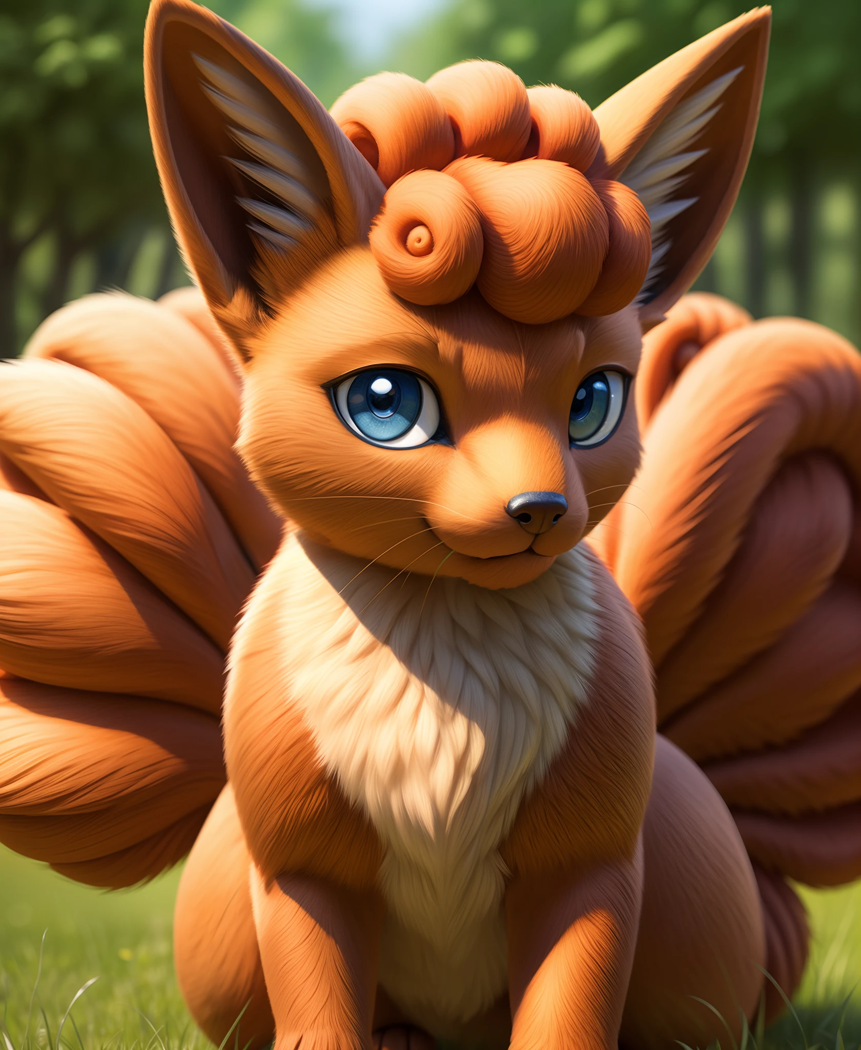 real e621, photorealistic, masterpiece, vulpix_(pokemon), looking at viewer, sharp blue eyes, full body portrait,