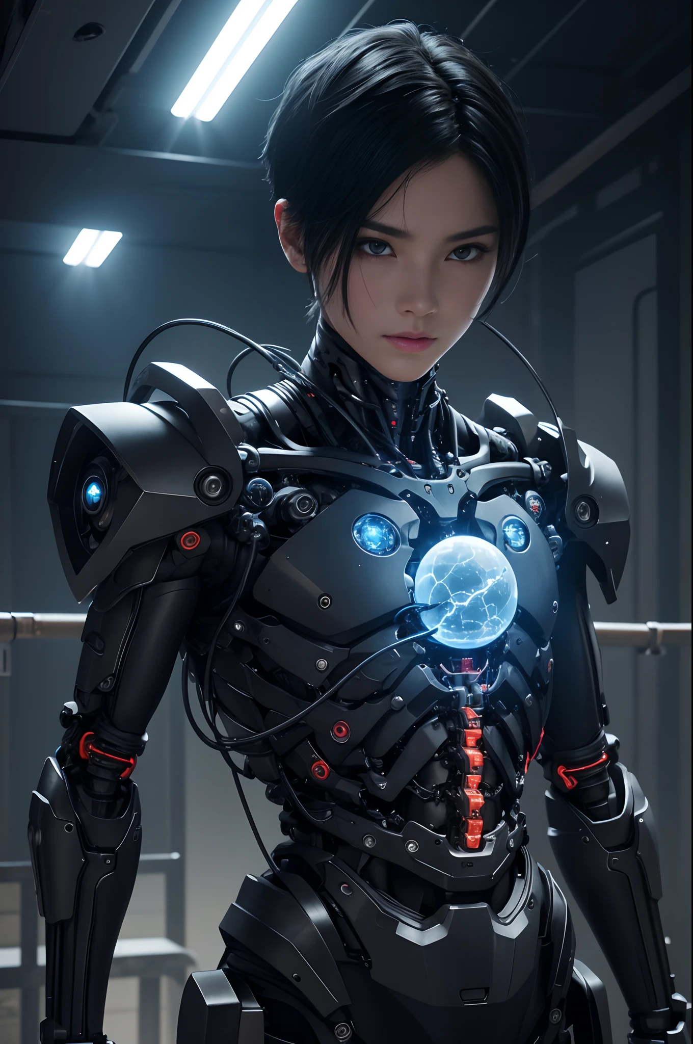 1 Suspended upper body without external armor,Internal skeleton only,Mechanical Boy in the process of being built、((super realistic details))、A spherical stone shining blue on the left chest,portlate、globalillumination、Shadow、octan render、8K、ultrasharp、metal、Convolut、Ornament Details、Cold color、Egyptian Detail、highly intricate detail、Realistic light、Trends in CGS Society、radiant eyes、Camera orientation、Neon Detail、machanical limbs、Blood vessels connected to tubes、Mechanical vertebrae attached to the back、Mechanical cervical neck was attached、Sedentary position、Wires and cables connected to the head,Handsome with black hair short hair,Connected to many cables,appearance々No color to issue LEDs,android,Half of the body is a machine,Internal structure of the machine,Lots of wires and cables,Unfinished products,