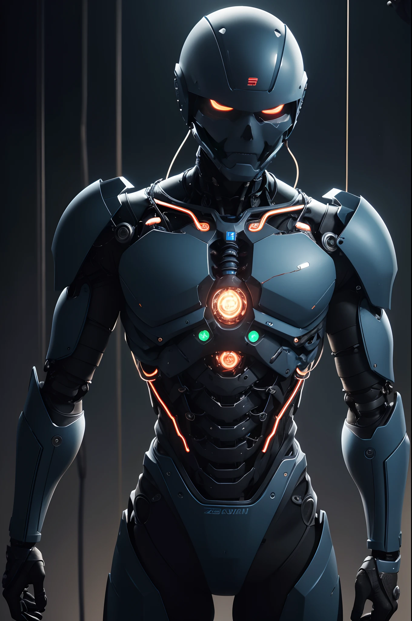1 Suspended upper body without external armor,Internal skeleton only,Mechanical Boy in the process of being built、((super realistic details))、A spherical stone shining blue on the left chest,portlate、globalillumination、Shadow、octan render、8K、ultrasharp、metal、Convolut、Ornament Details、Cold color、Egyptian Detail、highly intricate detail、Realistic light、Trends in CGS Society、radiant eyes、Camera orientation、Neon Detail、machanical limbs、Blood vessels connected to tubes、Mechanical vertebrae attached to the back、Mechanical cervical neck was attached、Sedentary position、Wires and cables connected to the head,Handsome with black hair short hair,Connected to many cables,appearance々No color to issue LEDs,android,Half of the body is a machine,Internal structure of the machine,Lots of wires and cables,Unfinished products,