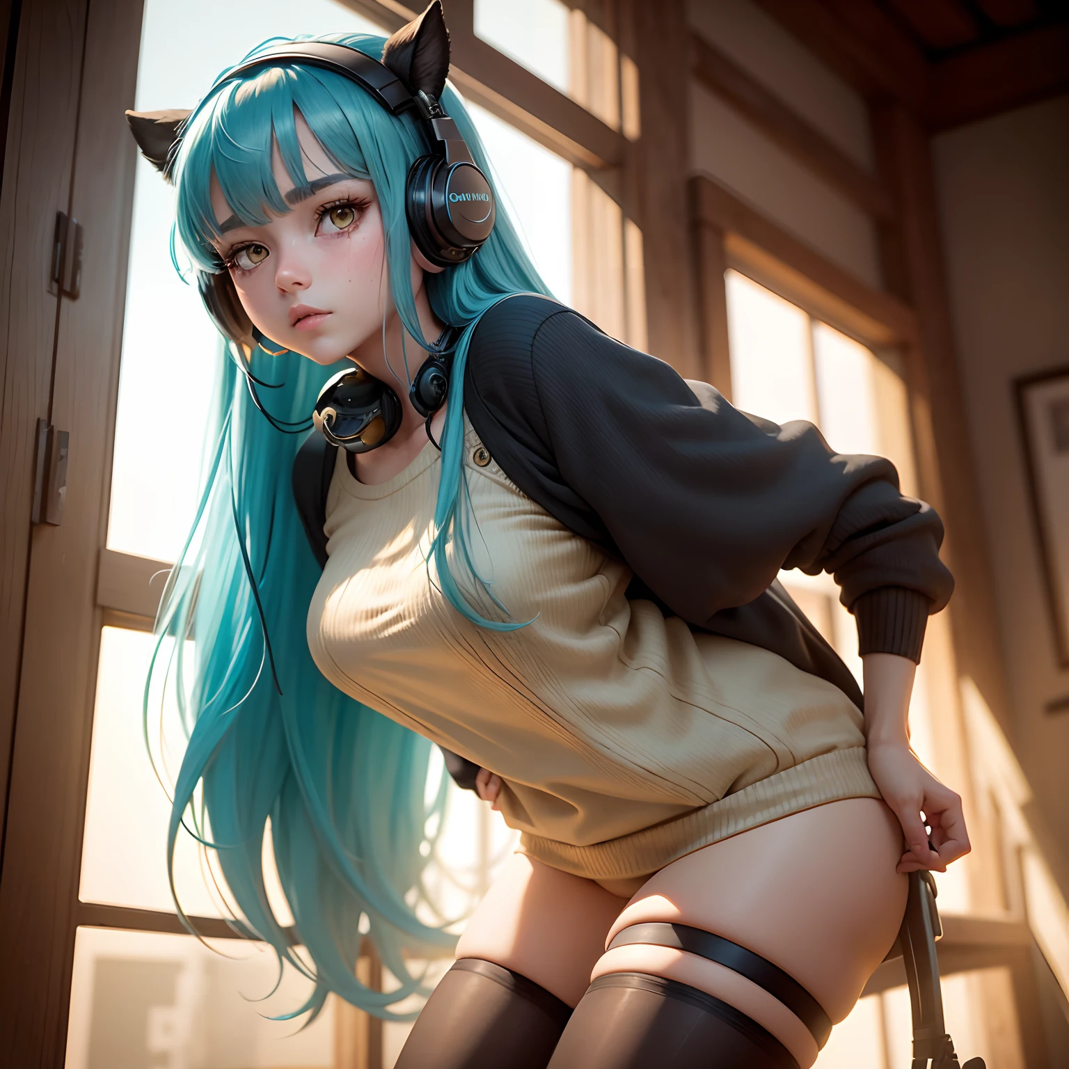 8k, masterpiece, best quality, realistic, higly detailed, cowboy shot, 1girl, solo, miku, emotional looking girl, medium-length cyan hair, strands of hair hanging over the left side of her face, a set of wire headphones that have a circle-shaped logo on the ear cups around her neck, light yellow eyes, average height, well-endowed figure, small breasts, short-sleeved sweater, withe tights, bangs cover her left eye, wears a ranzel