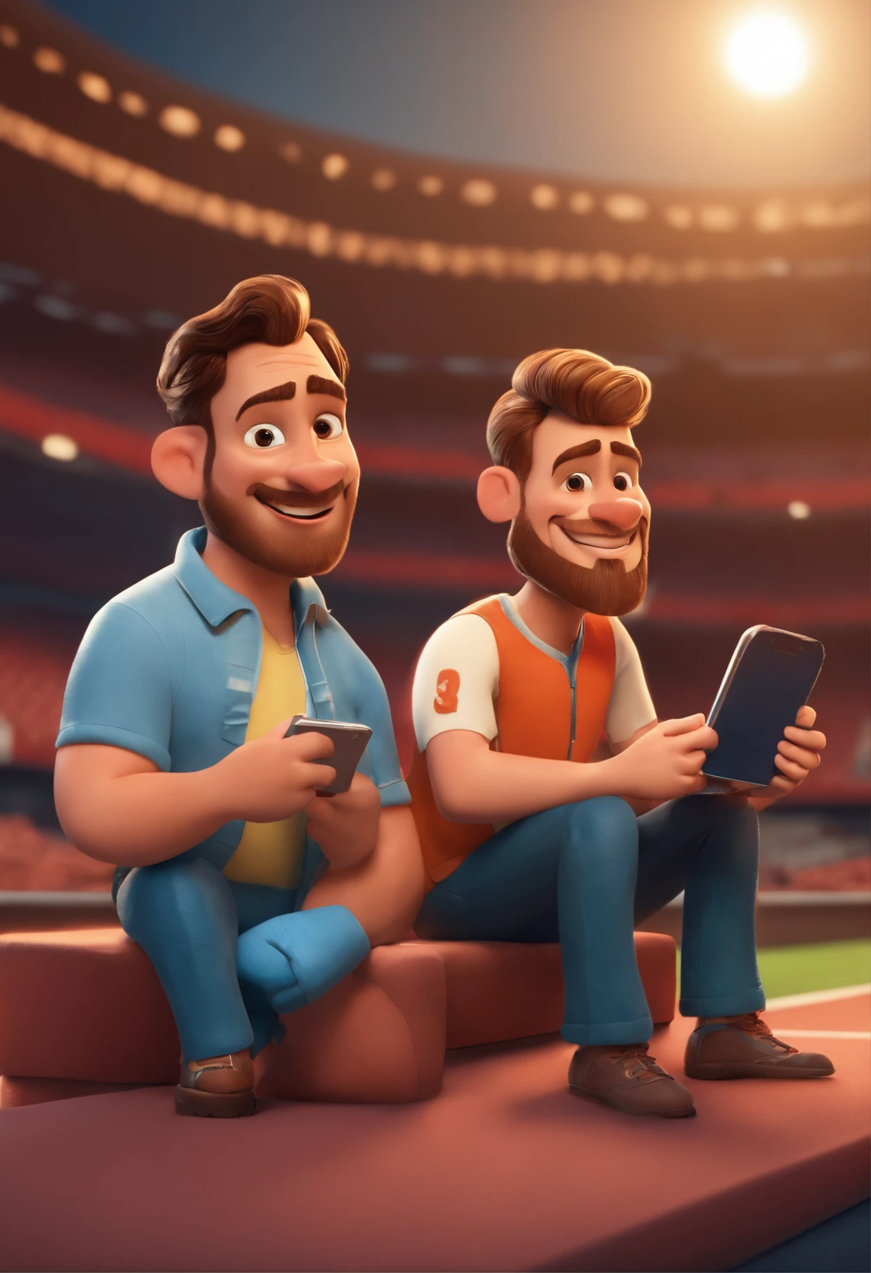 Disney's Pixar-style image of two 37-year-old brothers working in sports digital marketing. One has shorter hair and holds his cell phone in a position to show the audience, the other is sitting at the computer smiling, tem cabelo bem penteado. They both have short beards
