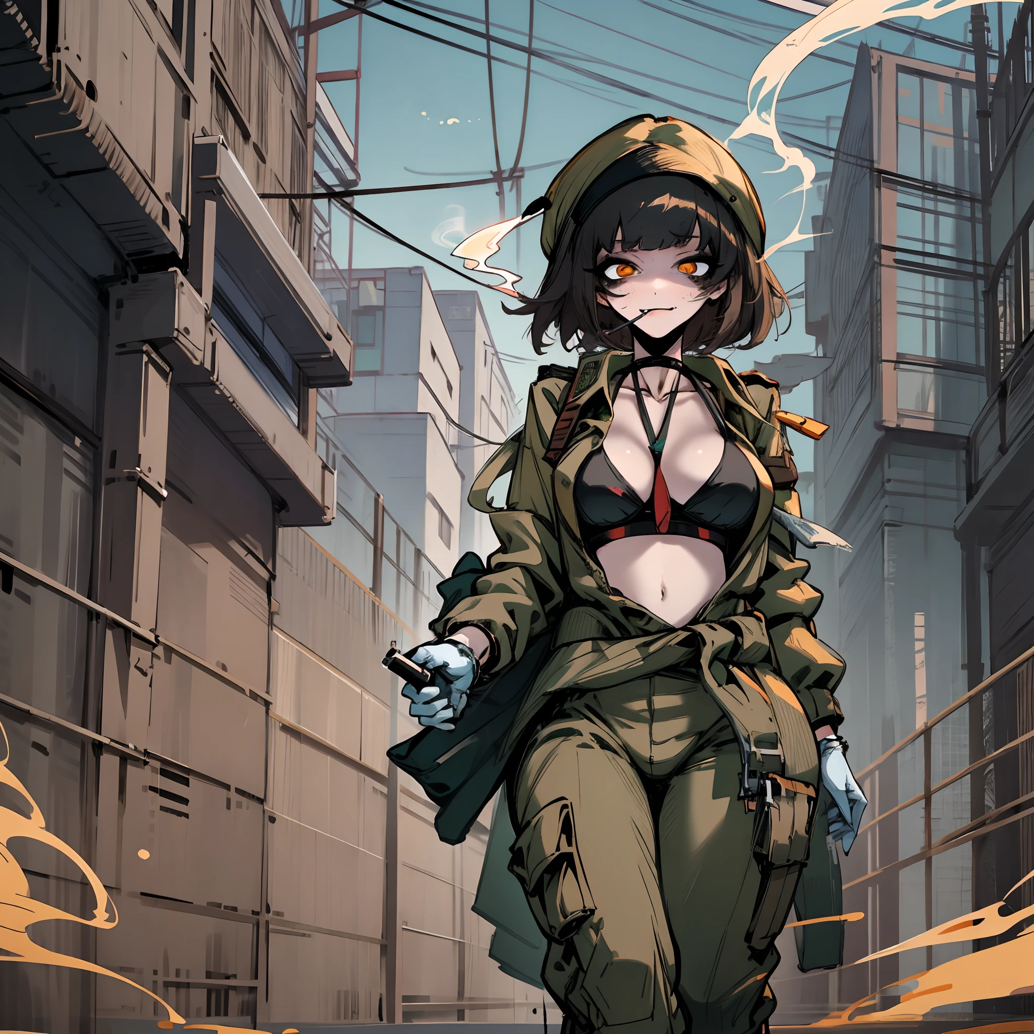 femele,Pokekid,Sexy body,Wearing a tattered green trench coat outside,Only a bikini was worn inside,huge tit,Wearing white gloves,brown shorts,Leg loops are tied to the legs,with short brown hair,red color eyes,Evil smile,Terrifying eyes,With a machete hanging from his waist,smoking girl,Full body like,Stand up,Golden eyes,Lots of detail,illustration,CG,quadratic element,high qulity,tmasterpiece,Cyberworld,jk style,smoking girl,bags under eyes,eyeliner,makeup