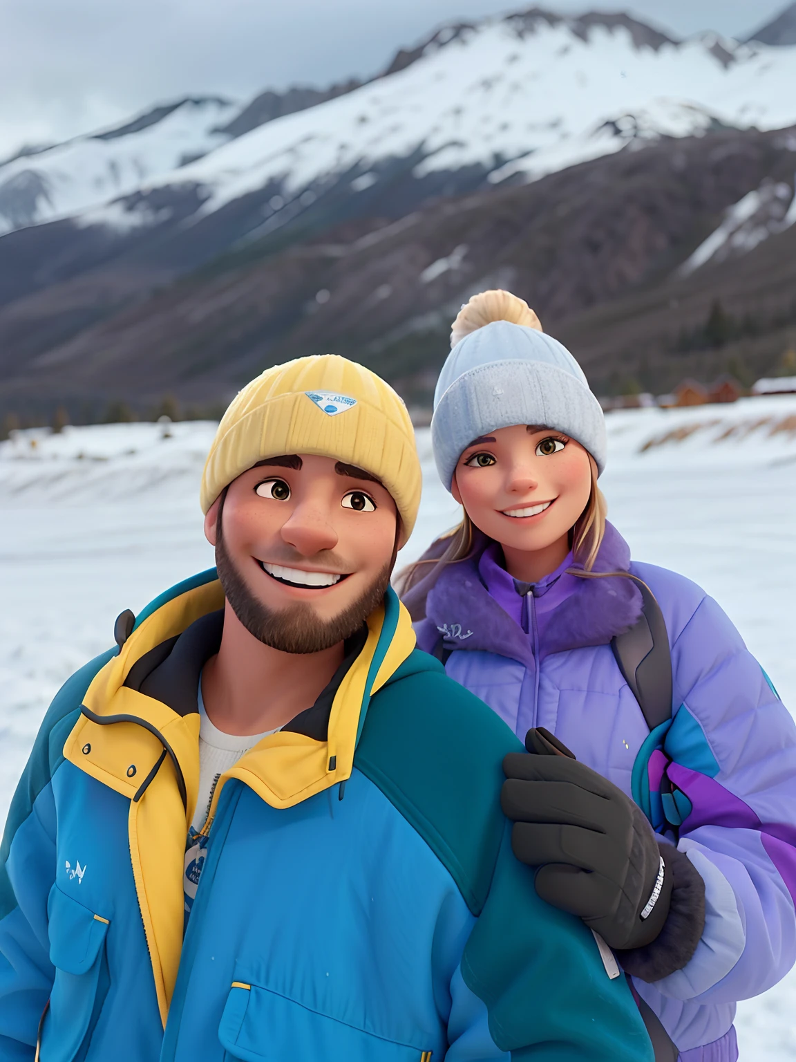 Smiling couple in winter gear standing in the snow with mountains in the background, frio como gelo! 🧊, com montanhas ao fundo, com montanhas no fundo, com montanhas como pano de fundo, nas montanhas de neve, apenas neve no fundo, na montanha, ( ( Emma Lindstrom ) ), imagem de perfil, Montanhas geladas ao fundo, Montanhas ao fundo, roupas de caminhada