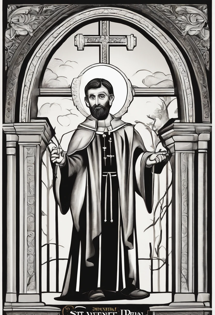 A Disney pixar-inspired movie poster with title "(St. Vincent Pallotti)". (Roman Catholic priest, saint, 55 years old, thin, short, a little stooped, has hair only on the back of his head, long and thin nose. He dresses in a black cassock without buttons, a Roman collar with a V-neck, a mozeta at the waist and a sash at the waist. In his right hand a crucifix which he points to with the other hand). The scene should be in the distinct digital art style of pixar, with a focus on character expressions, vibrant colors and detailed texture that are characteristic of their animations with the title "(St. Vincent Pallotti)"