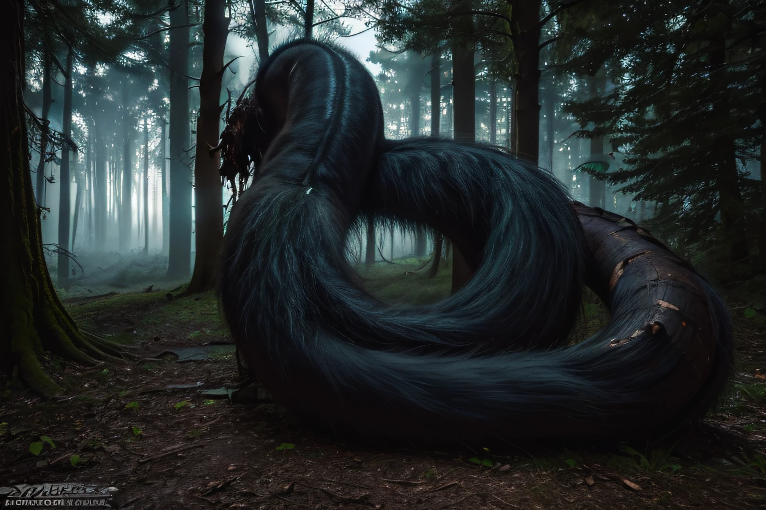(masterpiece:1.4),best quality,ultra high res,(photo realistic:1.6),(horror:1.8),beast,(big tail:1.6),(the woods:1.6),mont,scared,Fear,eerie,dimly lit,dark,darkness,spooky,weird,ominous,ephemeral,gloomy,night,midnight,shadow,