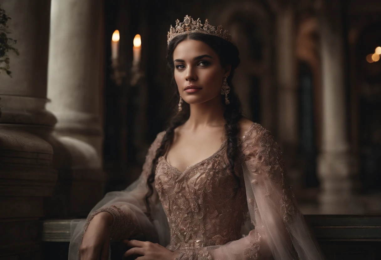 Photographic still of an Islamic princess, translucent skin,veins showing beneath it's skin, dark, onimous, extremely gorgeous, cats eye, pale pinkinsh skin, bloodlust, Ottoman Empire Era, forbidden Beauty, walking with her Pet kittens and Peacock in her Islamic Castle ’s garden and sits net to a marble water fountain which cause sprinkled on her pinkish cheeks, wearing long and huge transparent skin-tight princess outwear her gorgeous maids are standing in the back,