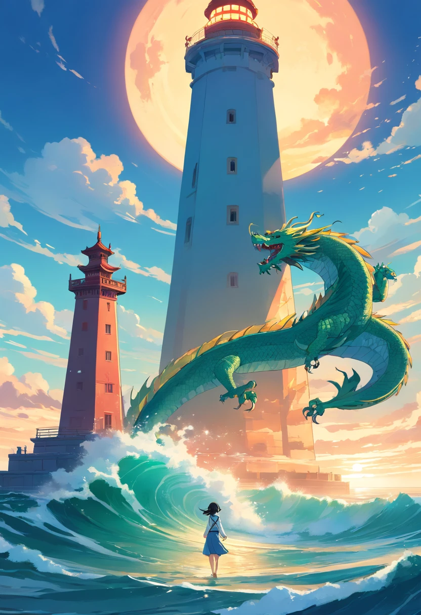 chinesedragon,the ocean,God girl,lighthouse, Art Nouveau style illustration, Detailed sky, chinapunk, Explanatory narrative,Graphic painting, temple, Visual poetry