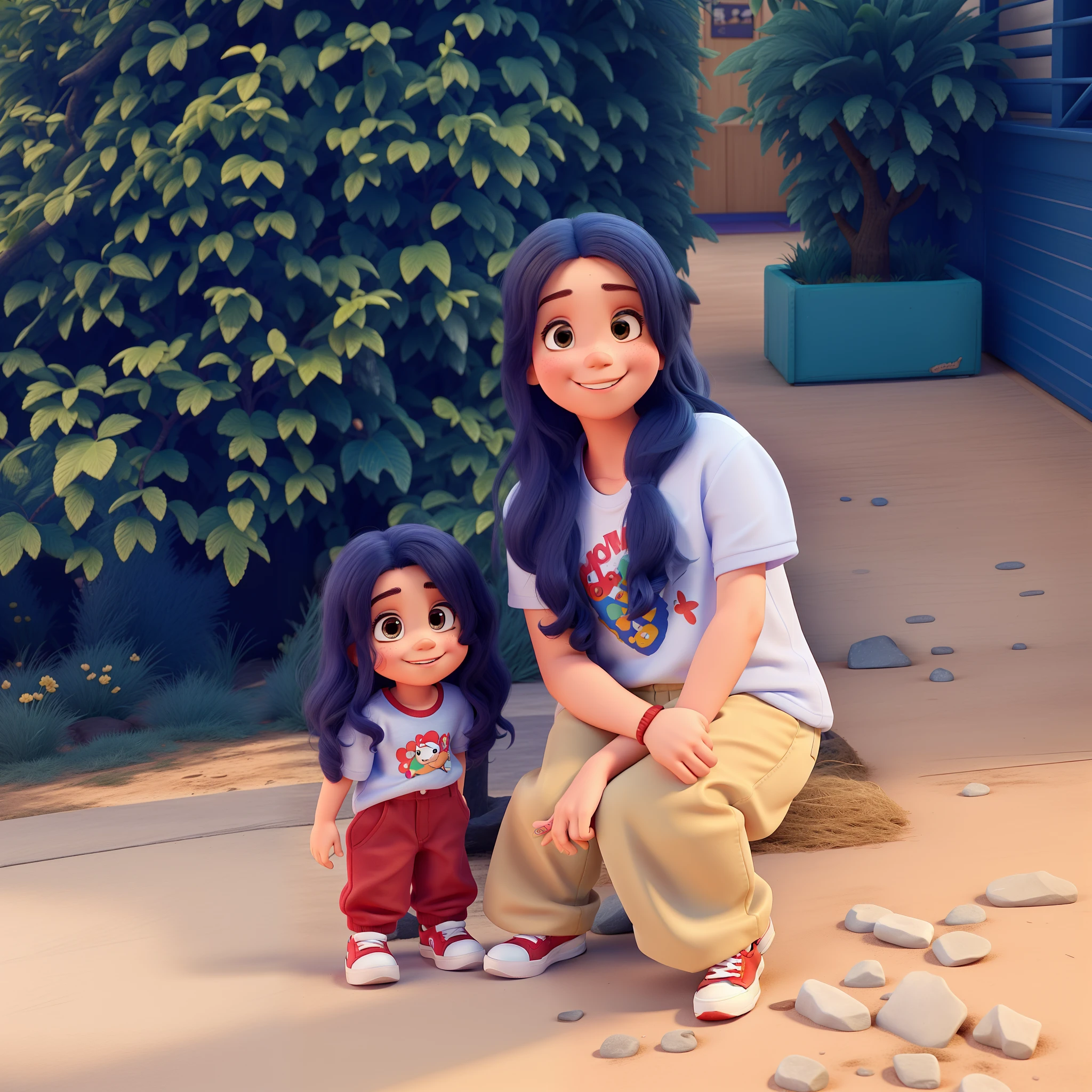 Two Disney Pixar 3D Style Kids, One is 3 years old and wearing red pants, pink sneakers, camiseta branca, cabelos cacheados abaixo dos ombros e bochechas grandes, the other is 13 years old and wearing beige pants, blue and white sneakers, cabelos longos cacheados, they're smiling, alta qualidade cores vibrantes