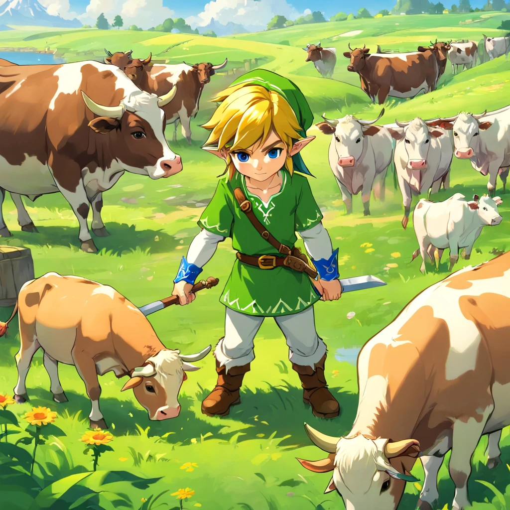 The  boy is preparing food for the cows，Similar to the image generated above