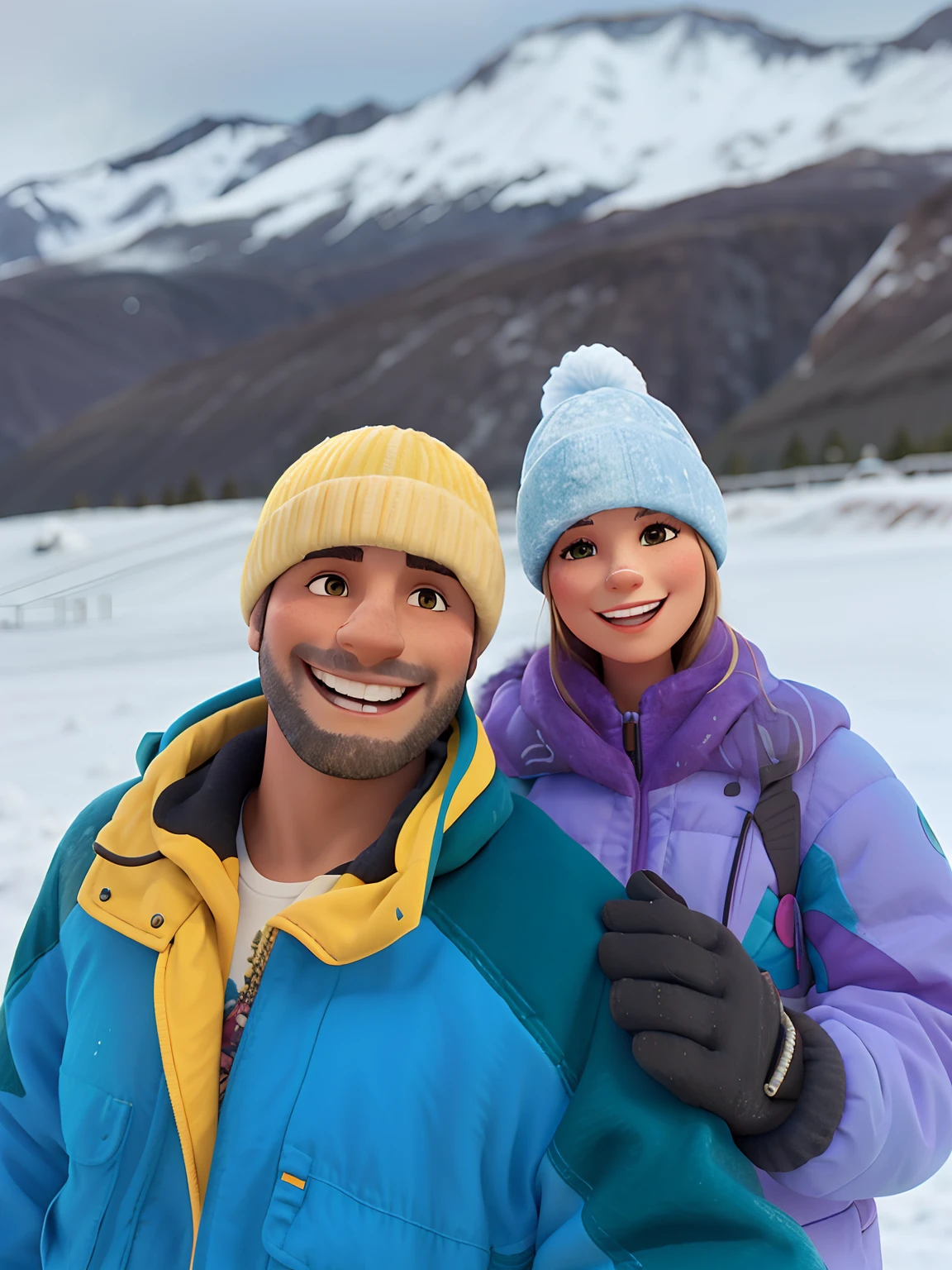 Smiling couple in winter gear standing in the snow with mountains in the background, frio como gelo! 🧊, com montanhas ao fundo, com montanhas no fundo, com montanhas como pano de fundo, nas montanhas de neve, apenas neve no fundo, na montanha, ( ( Emma Lindstrom ) ), imagem de perfil, Montanhas geladas ao fundo, montanhas ao fundo, roupas de caminhada
