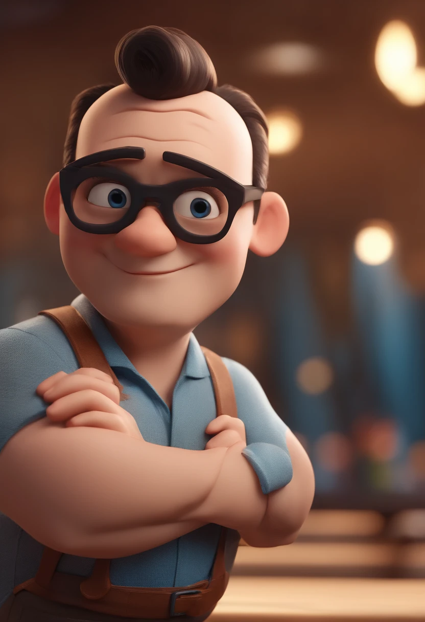 Cartoon character of a man with black glasses and a blue shirt, animation character, Caractere estilizado, animation style rendering, 3D estilizado, Arnold Maya render, 3 d render stylized, toon render keyshot, Personagem 3D, Personagem 3D, 3d rendering stylized, 3 d character render, personagem de desenho animado, Personagem de close up, Pose de personagem,  (Estilo Pixar) (master part:1.2) (Bokeh) (best quality) (pele detalhada) (textura detalhada) (8k) (argila) (Cinematic lighting) (foco nítido