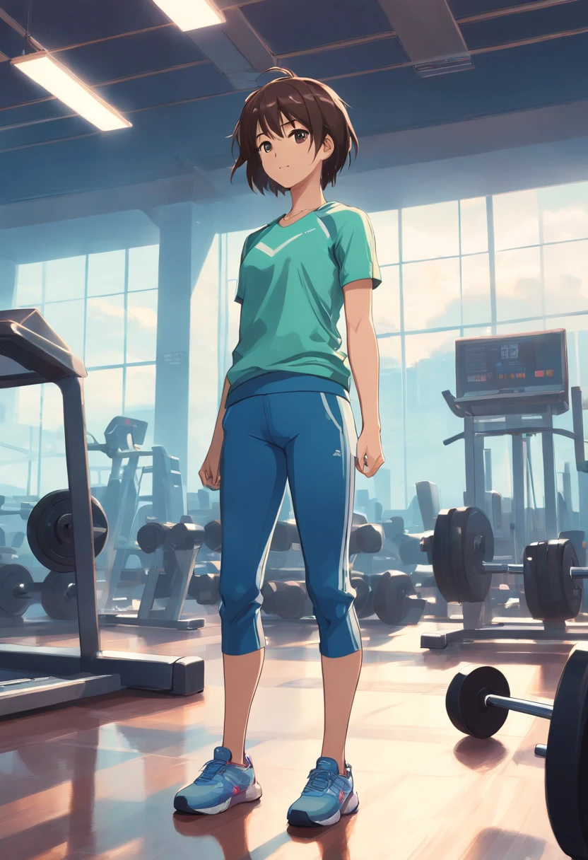 femele in her 20s asian human short-haired Thin macho traning trainingwear Pants Style training gym is standing Dumbell