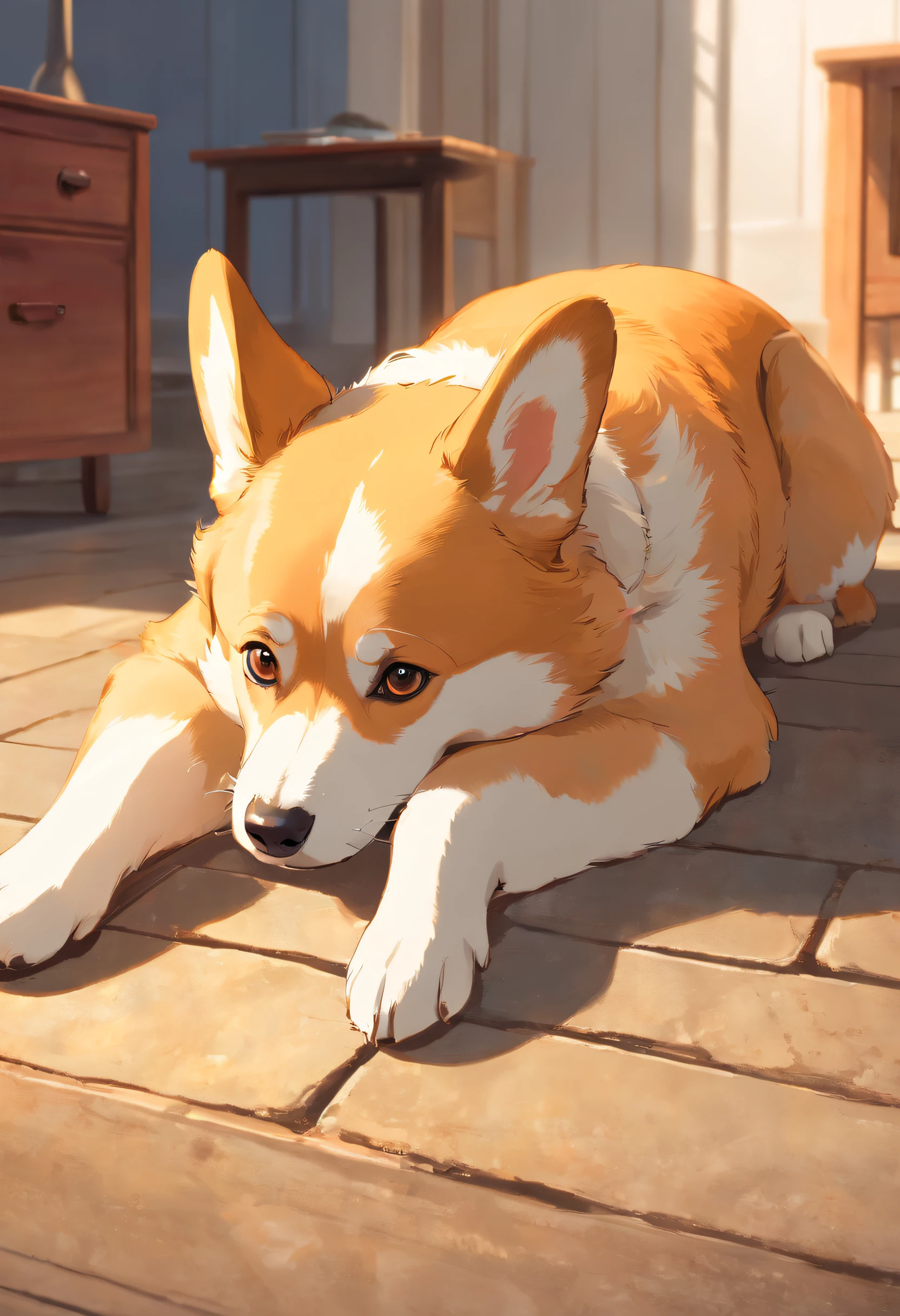 "Generate an ultra-high definition image capturing a pembroke Welsh corgi in a chic, Classic dog pose. Use advanced macro photography techniques to highlight the intricate details of the dog's coat, standing ears, e olhos expressivos e lingua parcialmente para fora. Place the camera at the dog's eye level, creating an intimate connection between the viewer and the canine subject. Implemente uma ampla abertura para profundidade de campo rasa, Permita que o cachorro se destaque nitidamente contra um fundo suavemente desfocado. Improve lighting to emphasize the textures and contours of the dog's body, Uso de Soft, Fuzzy lighting to remove harsh shadows and create a, ambiente aconchegante. Capture the dog in a relaxed position, mas equilibrada, showing your flexibility and elegance. Experimente capturar o momento durante o movimento natural, como alongamento ou tosa, to convey a sense of authenticity. Implement post-processing techniques to refine image clarity, contraste, and color balance, garantindo que todos os aspectos, from the dog's intricate patterns to its intense gaze, Renderiza em detalhes impressionantes. Enfim, Convey the serene beauty and innate grace of the pembroke Welsh corgi dog, Capture a fleeting moment that celebrates the unique essence of canine curiosity and balance."