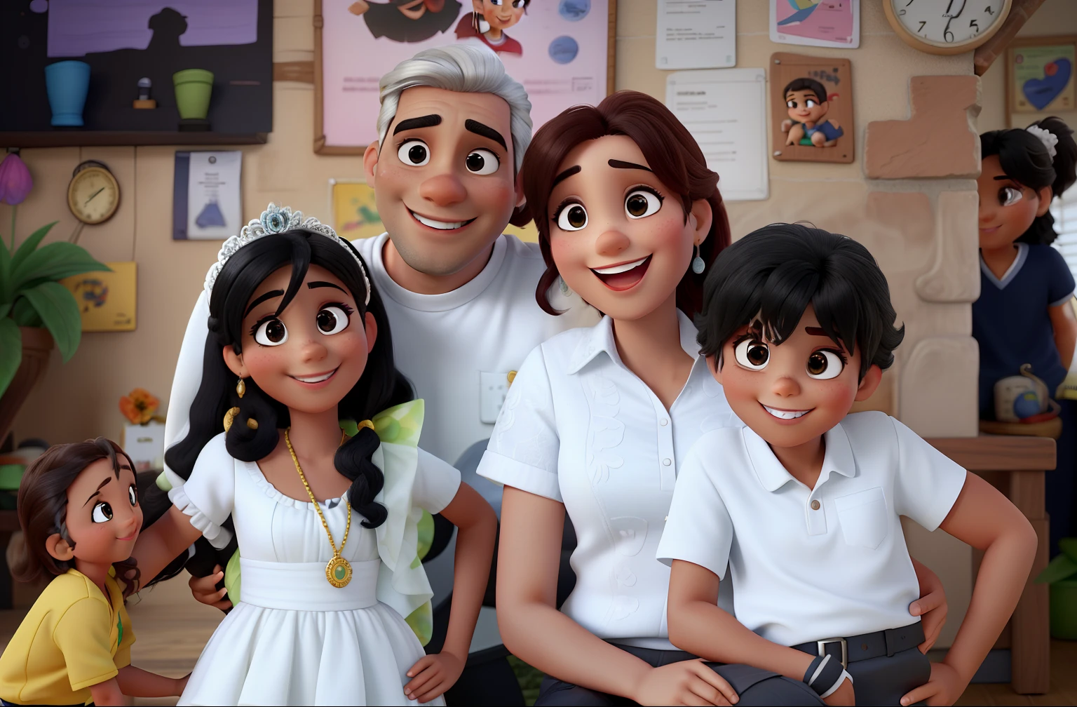 A typical Brazilian family portrayed in the style of Disney Pixar heroes with detailed strokes and vibrant colors. The father is a South American man with short hair, and wears elegant glasses. He's smiling warmly, Showing a cheerful expression. a filha mais nova, com cinco anos de idade, She is dressed in a charming white princess dress. Ela possui olhos negros, com cabelos castanhos em cachinhos, that add a touch of sweetness to your appearance. Seu rosto irradia felicidade enquanto ela sorri com entusiasmo. o filho com seis anos, It's a white boy with black eyes and short black hair. Her smile is contagious and expresses joy and fun. The mother is a white woman with black eyes, com cabelos castanhos e lisos, que caem graciosamente por seus ombros. Her smile is kind and caring, radiating the happiness of being together with your family. This depiction depicts a happy family, cheia de alegria e amor, uncharacteristic Disney Pixar style, com uma qualidade excepcional.