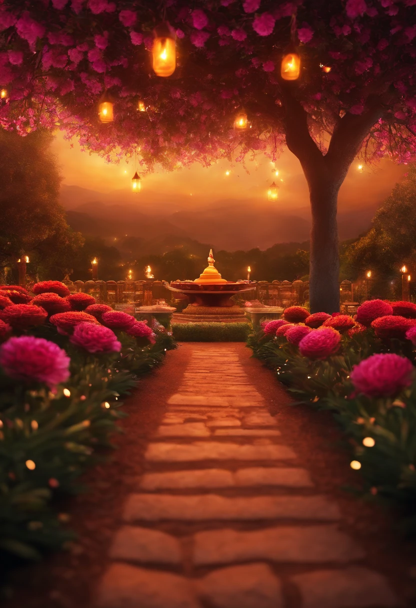 background, fantasy, fantastic, fantasy, flower garden, future, don't draw people , lighting, diwali, night, crackers, diwali, diya, mombati,