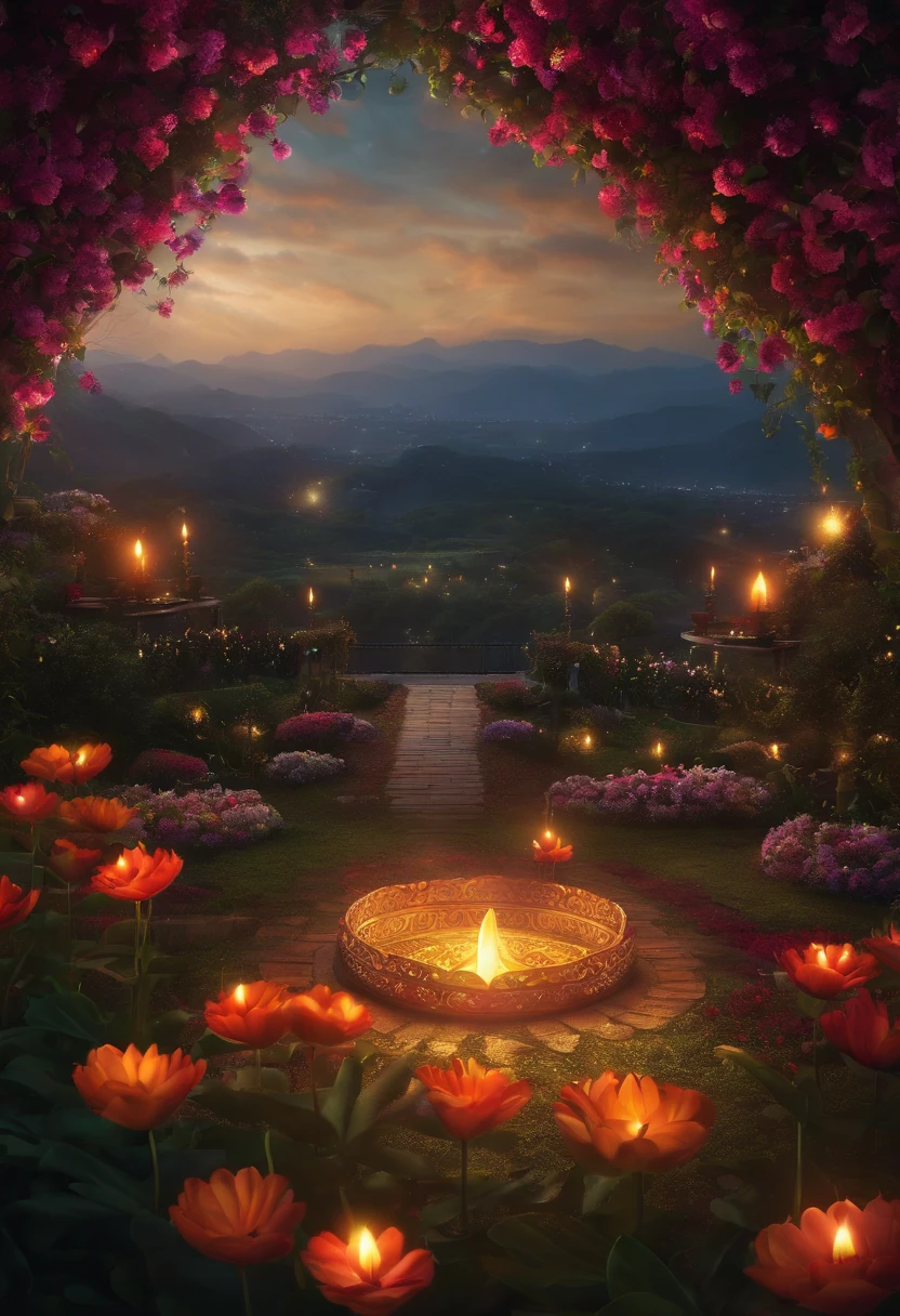 background, fantasy, fantastic, fantasy, flower garden, future, don't draw people , lighting, diwali, night, crackers, diwali, diya, mombati,