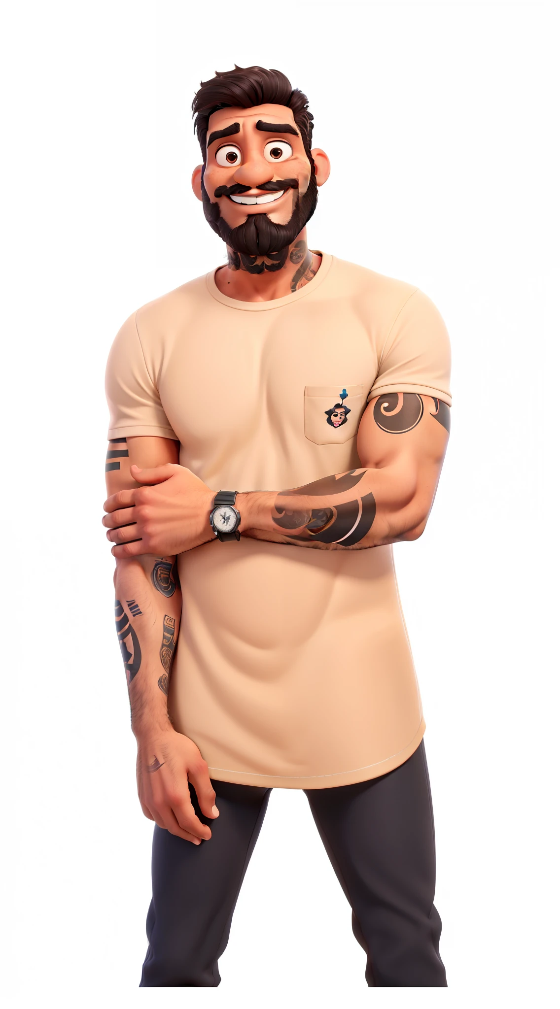 Um homem cabelo preto, com barba, bigode preto, watch, tatuagem estilo disney pixar, alta qualidade, melhor qualidade