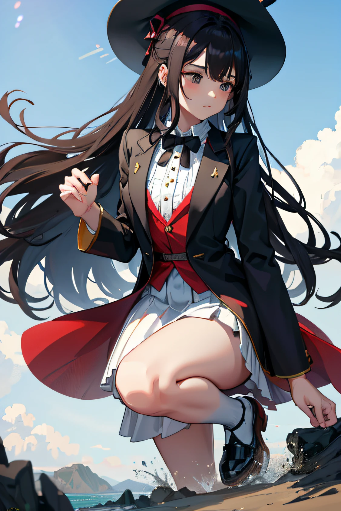 silk hat tailcoat teens girl long skirt A black Zito-order The long-haired Patsun the witch Boom flying though the air