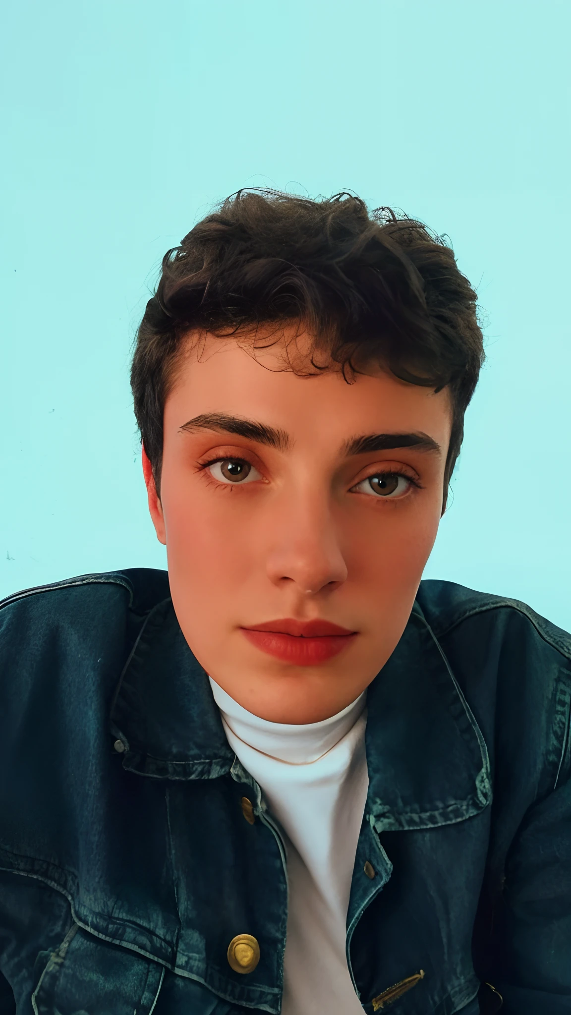 There's a young man wearing a denim jacket and a white shirt, androgynous face, Declan McKenna, androgynous person, foto de perfil headshot, portrait androgynous girl, an epic non - binary model, non binary model, halfbody headshot, Valentina Embaralhamento, Retrato de Timothee Chalamet, Aykut Aydogdu, androgynous male